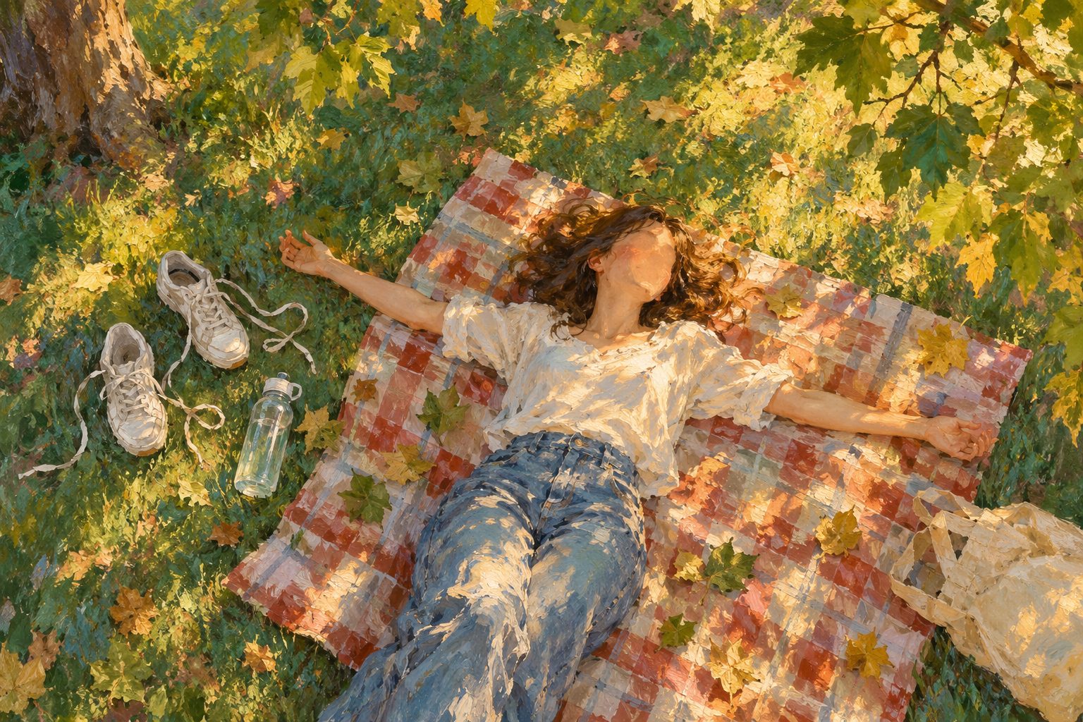 Pintura impresionista de una joven descansando sobre el pasto junto a sus zapatillas, ilustración del ejercicio compulsivo