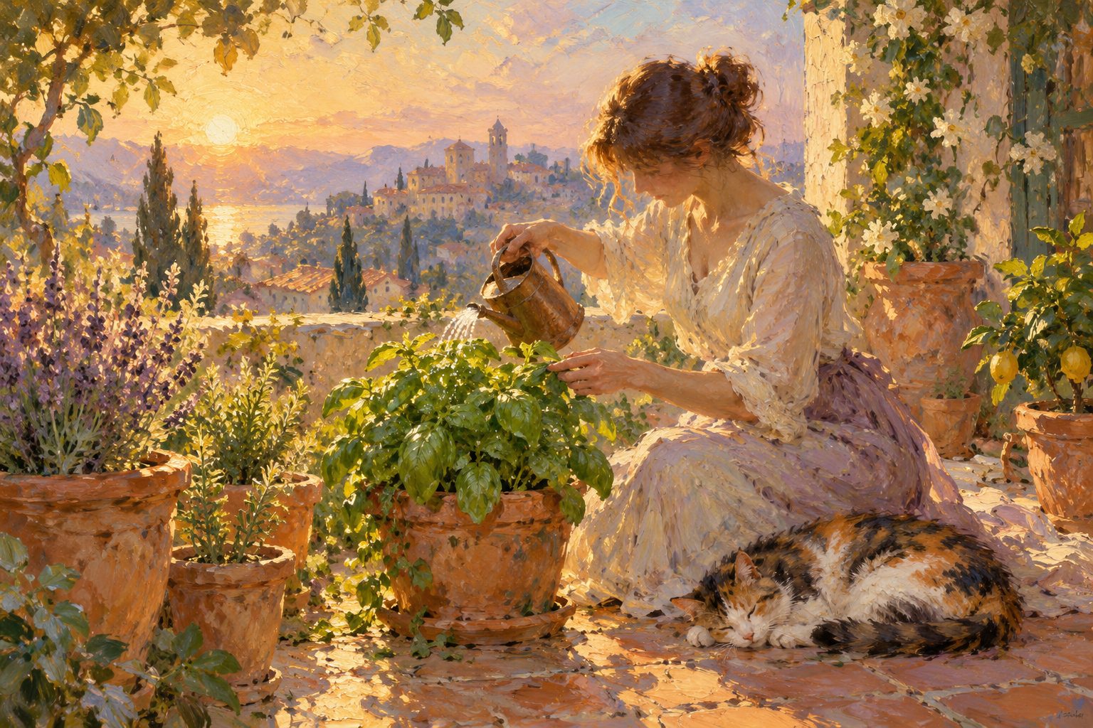 Pintura impresionista de manos regando albahaca en una terraza, ilustración de ejercicios de autocompasión