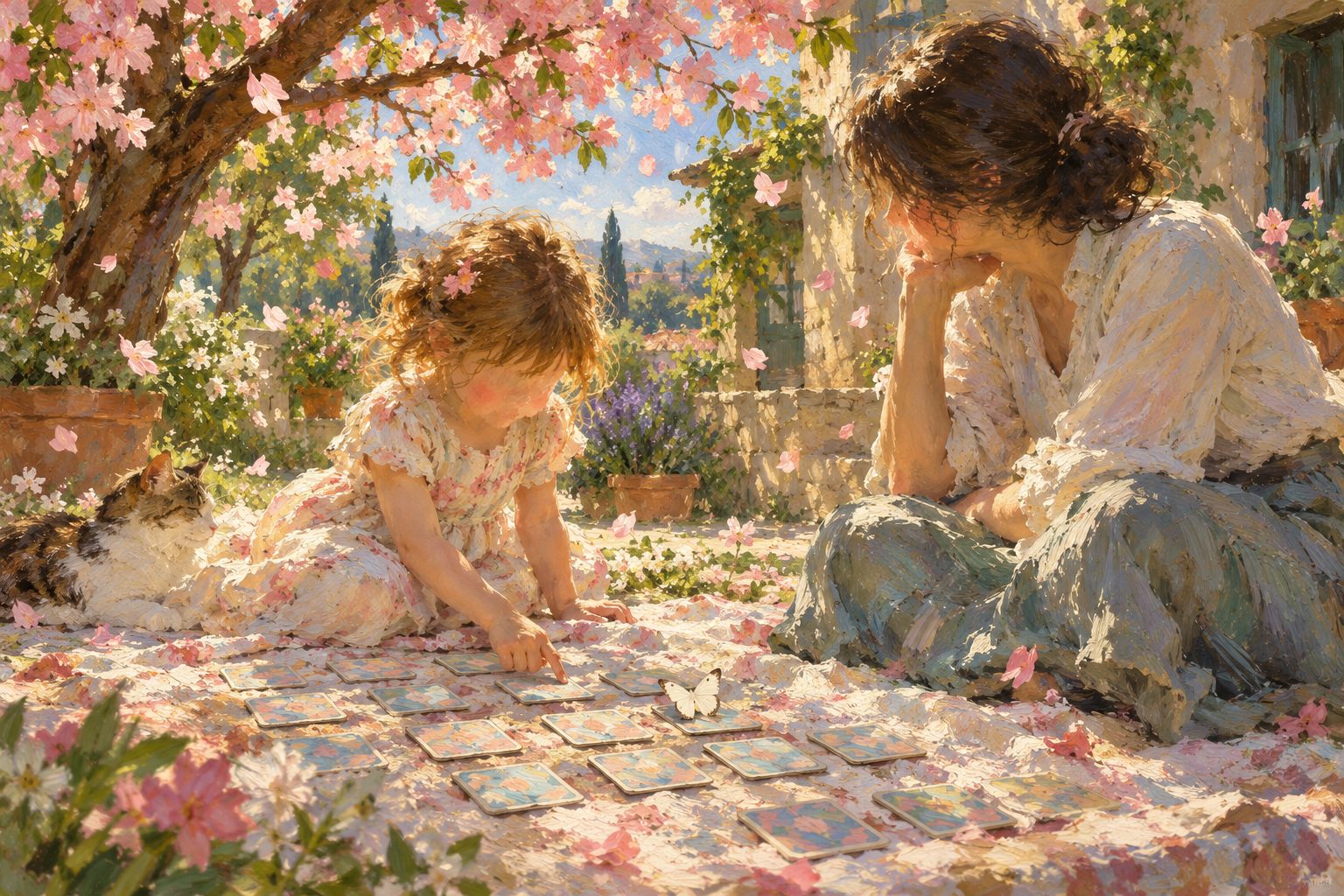 Pintura impresionista de una niña y un adulto jugando a encontrar parejas bajo un cerezo, ilustración de ejercicios de memoria de trabajo para niños