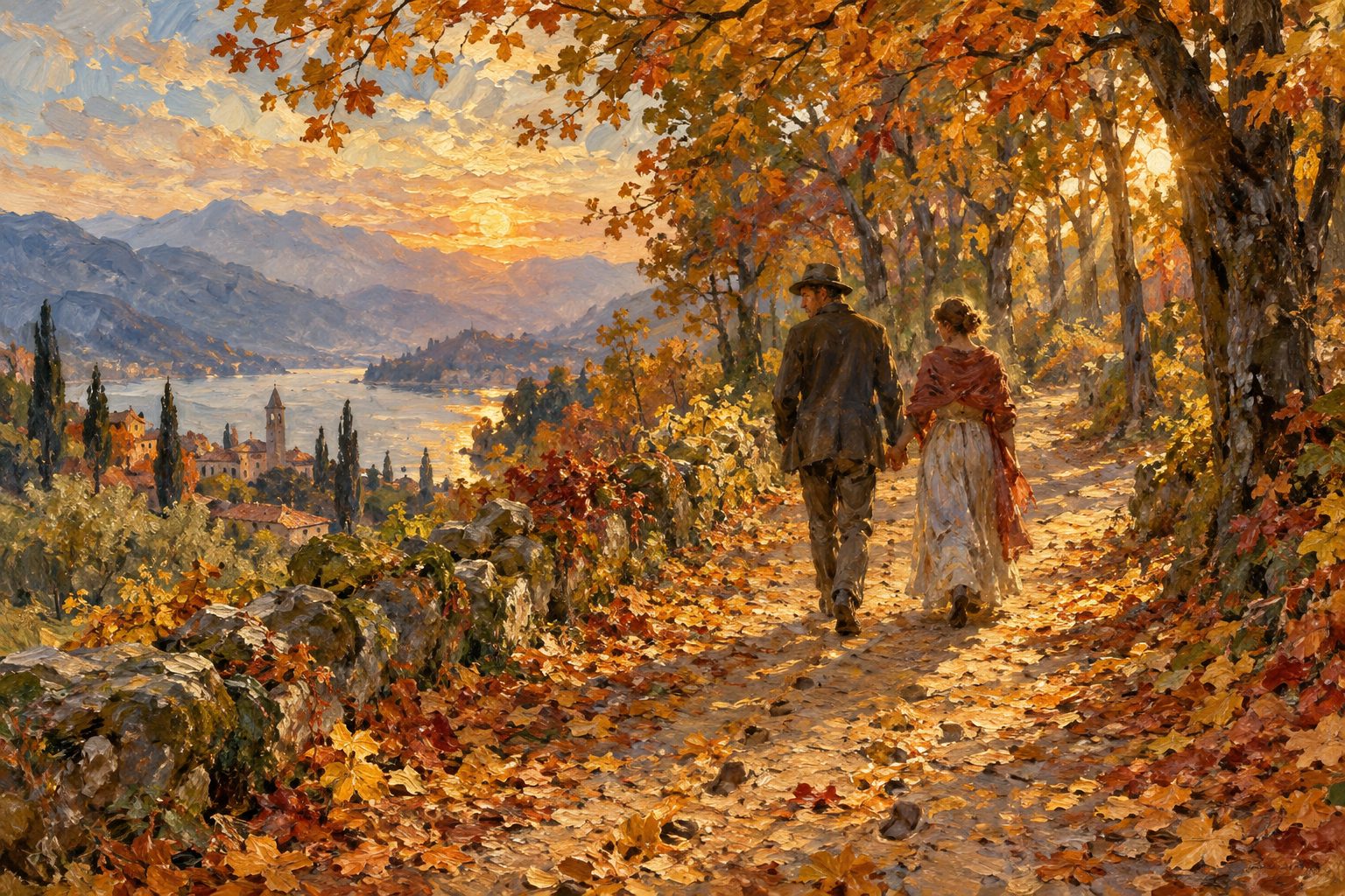 Pintura impresionista de una pareja caminando por un sendero otoñal, ilustración de los celos retroactivos por el pasado de la pareja