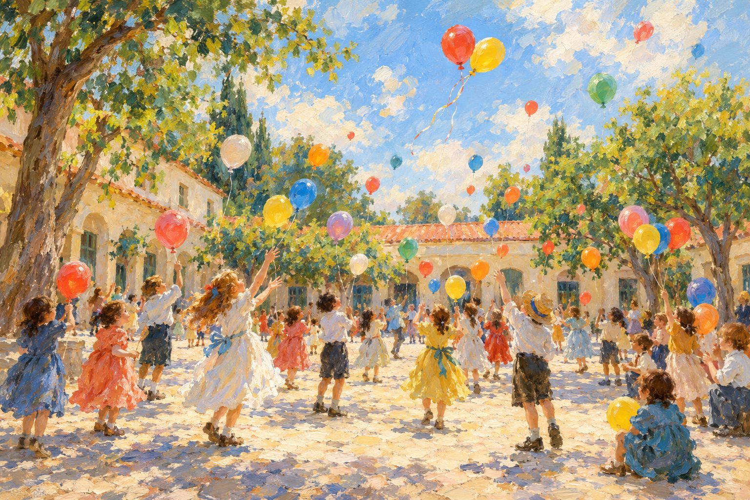 Pintura impresionista de niños soltando globos de colores en un patio, emociones básicas y secundarias