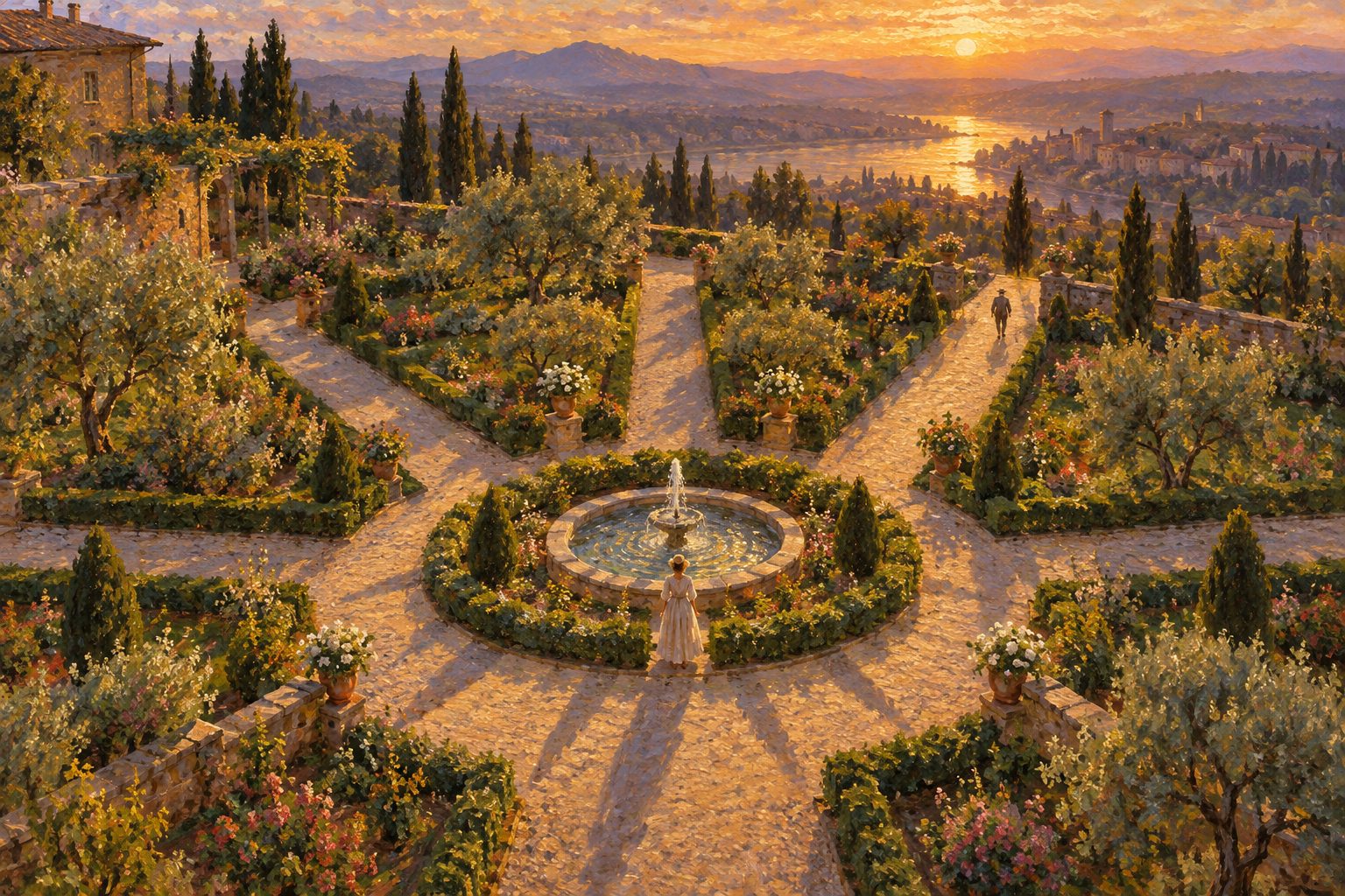Pintura impresionista de un jardín con nueve caminos de grava, ilustración del eneagrama y su evidencia