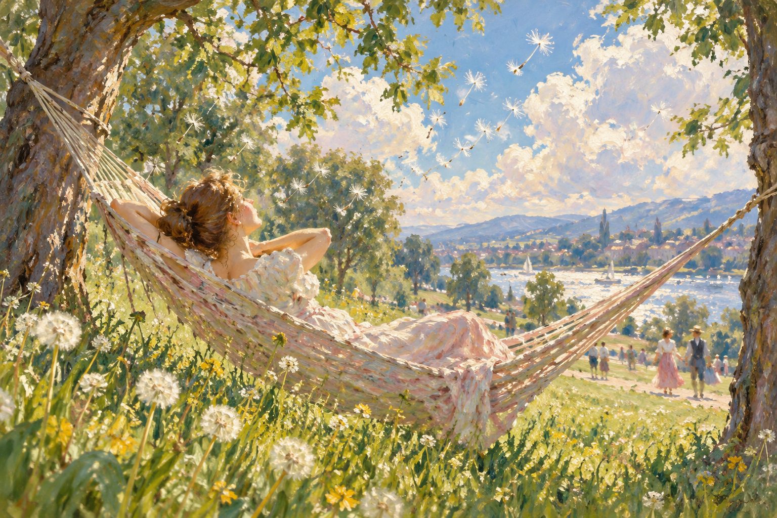 Pintura impresionista de una mujer joven en una hamaca mirando las nubes, ilustración sobre la ensoñación desadaptativa