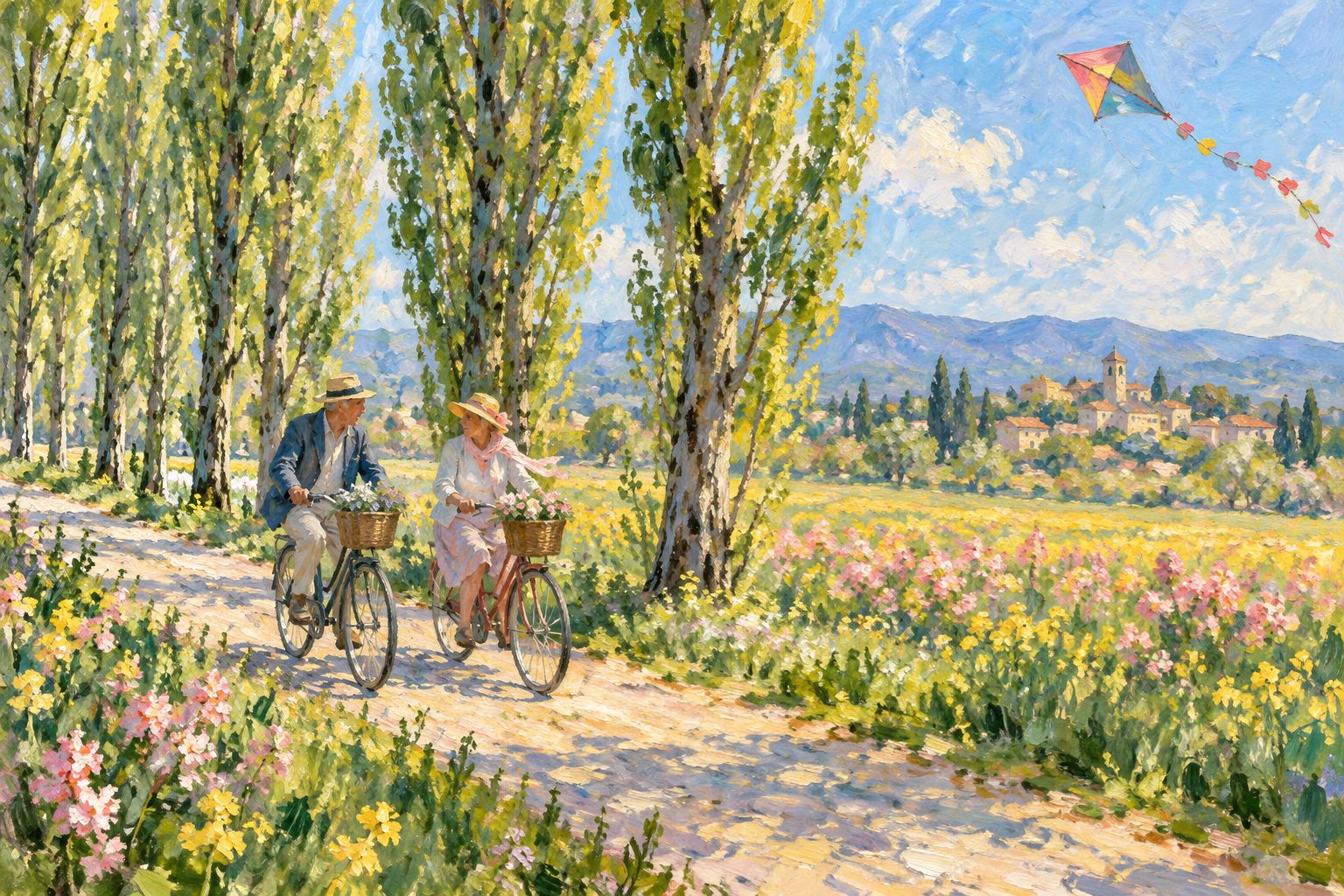 Pintura impresionista de dos adultos mayores en bicicleta por un camino de álamos, ilustración de envejecimiento activo