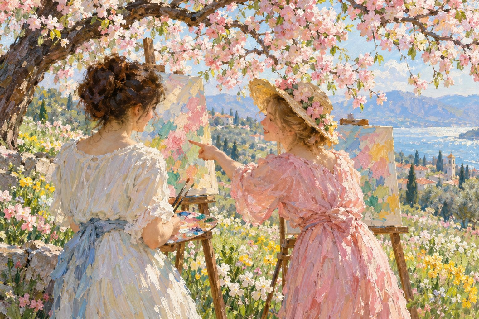 Pintura impresionista de dos amigas pintando bajo cerezos en flor, ilustración sobre la envidia sana