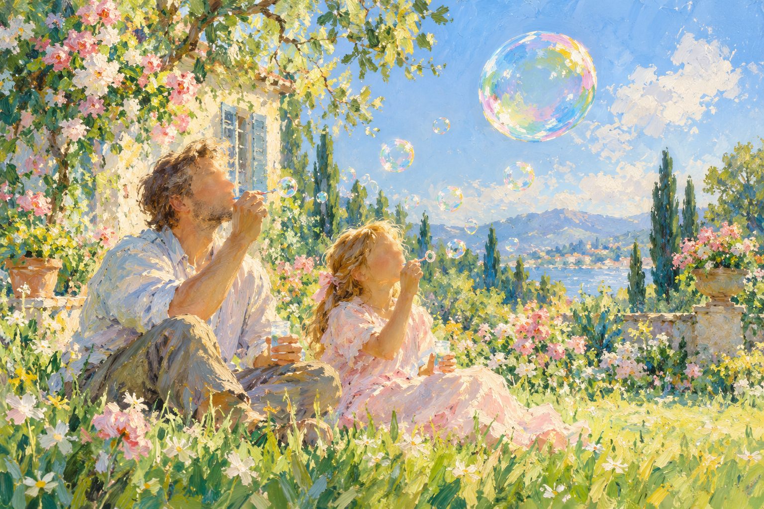 Pintura impresionista de una niña y su padre soplando pompas de jabón, ilustración de la escala de ansiedad infantil de Spence SCAS