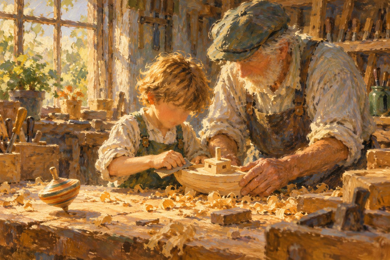 Pintura impresionista de un niño y su abuelo lijando un barquito de madera en un taller, ilustración de la escala de Conners para el TDAH