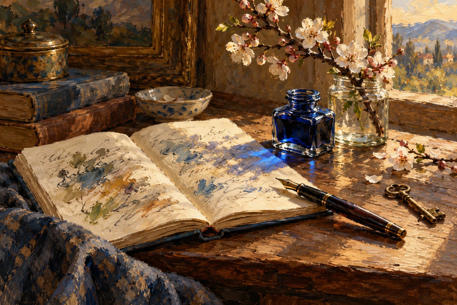 Pintura impresionista de un cuaderno, una pluma y una rama de ciruelo, beneficios de escribir un diario