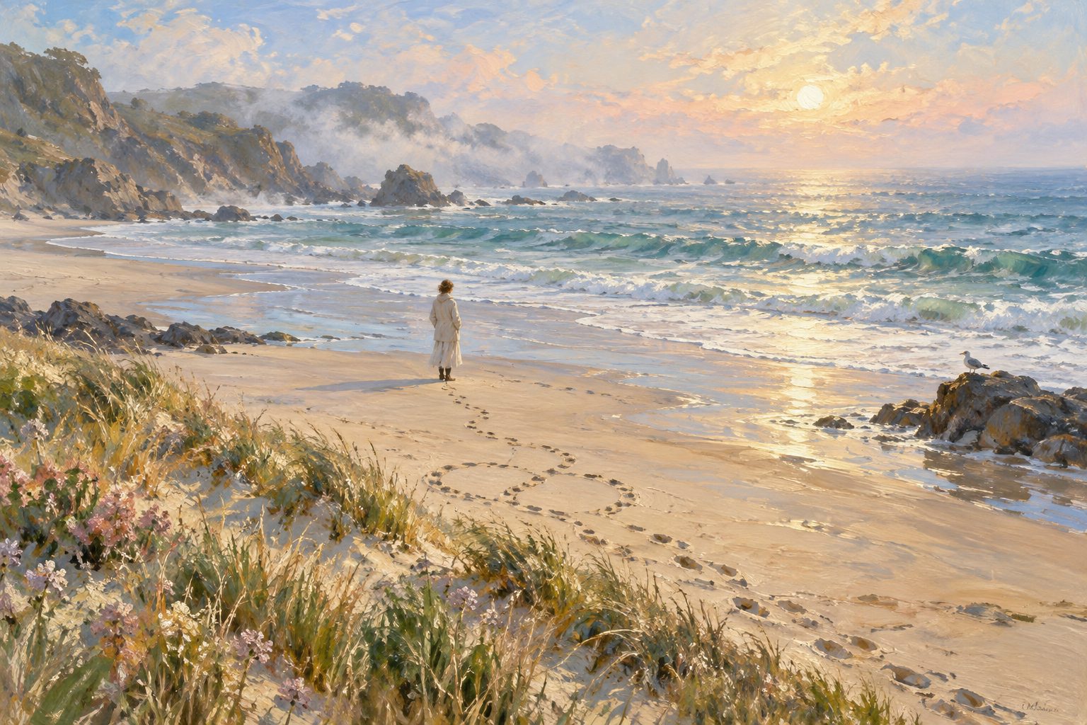Pintura impresionista de huellas en la playa que abren un camino nuevo, sobre el estilo de apego y la elección de pareja