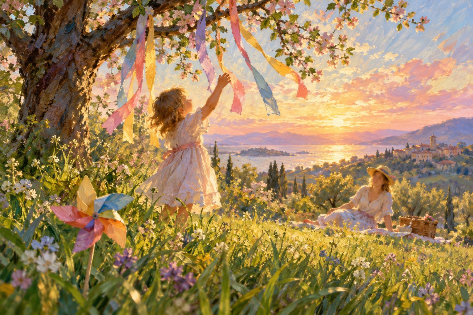 Pintura impresionista de un niño moviendo las manos junto a cintas al viento, ilustración del estimming en autismo