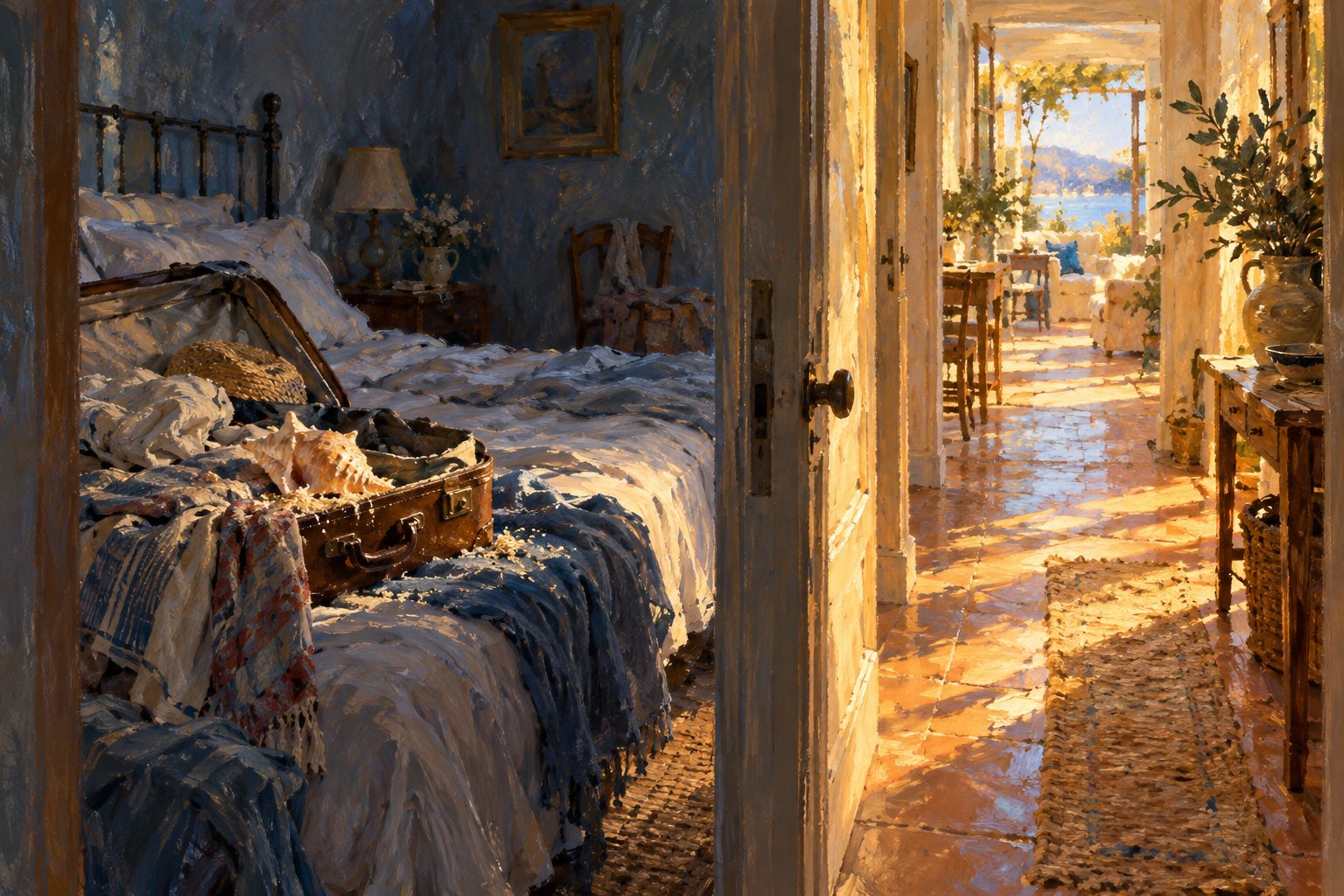 Pintura impresionista de una maleta de viaje junto a un pasillo iluminado, sobre el estres postvacacional