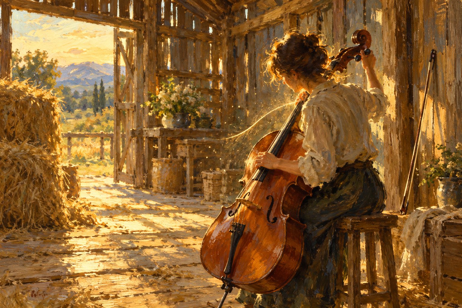 Pintura impresionista de una persona afinando un violonchelo, ilustración de la diferencia entre eustrés y estrés tóxico