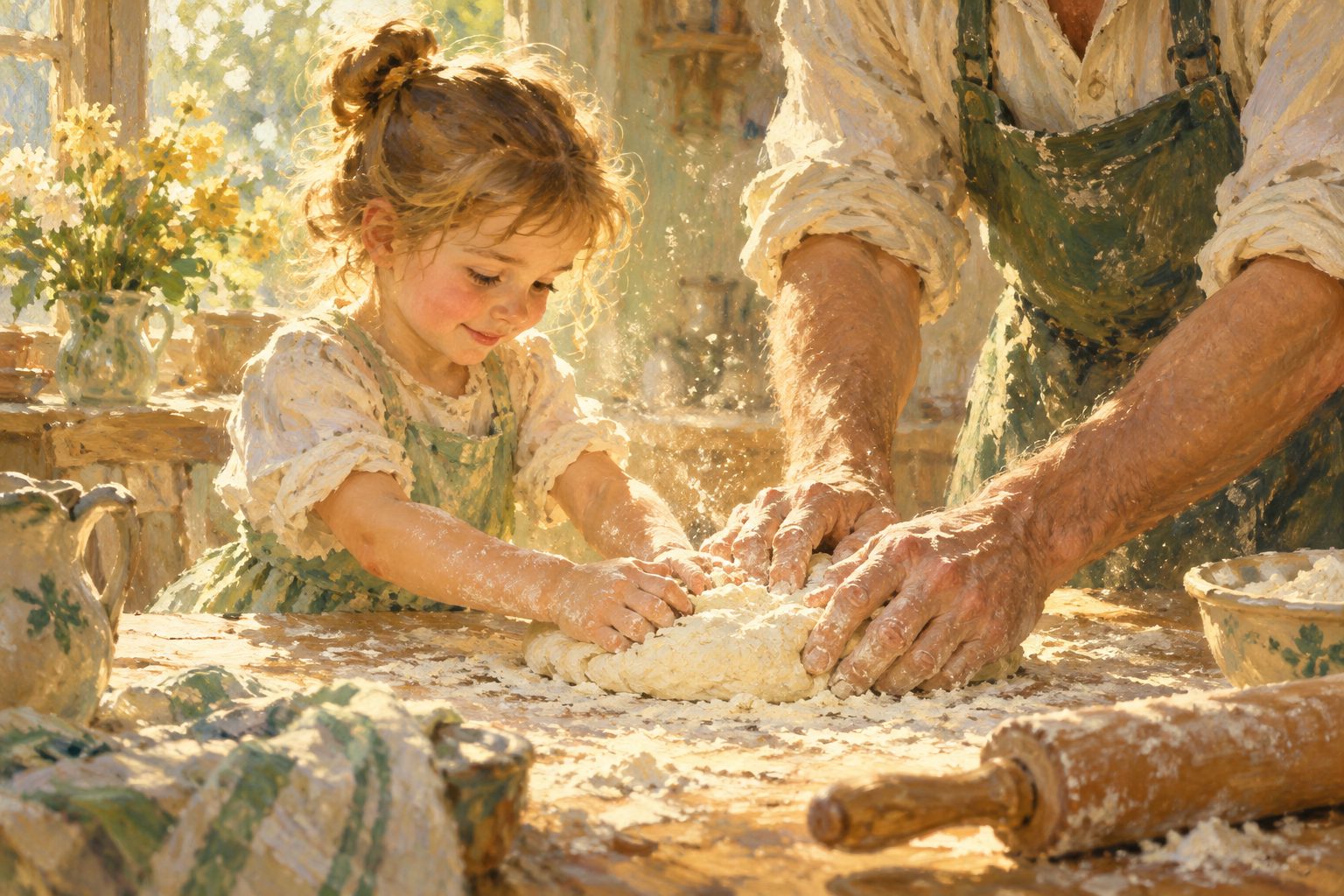 Pintura impresionista de las manos de un padre y su hija amasando pan, ilustracion de la evaluacion de habilidades parentales