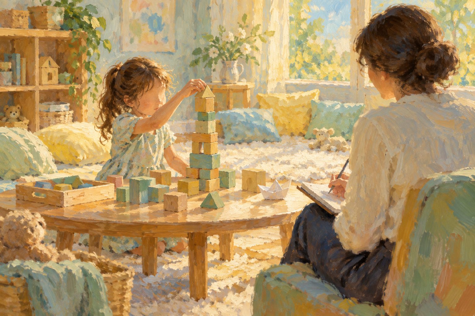 Pintura impresionista de una niña armando una torre de bloques mientras una profesional la observa, guía de evaluación neuropsicológica infantil