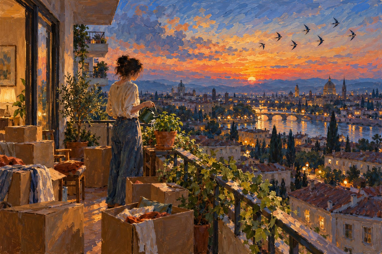 Pintura impresionista de una persona regando albahaca en un balcón al atardecer, ilustración sobre extrañar a mi familia