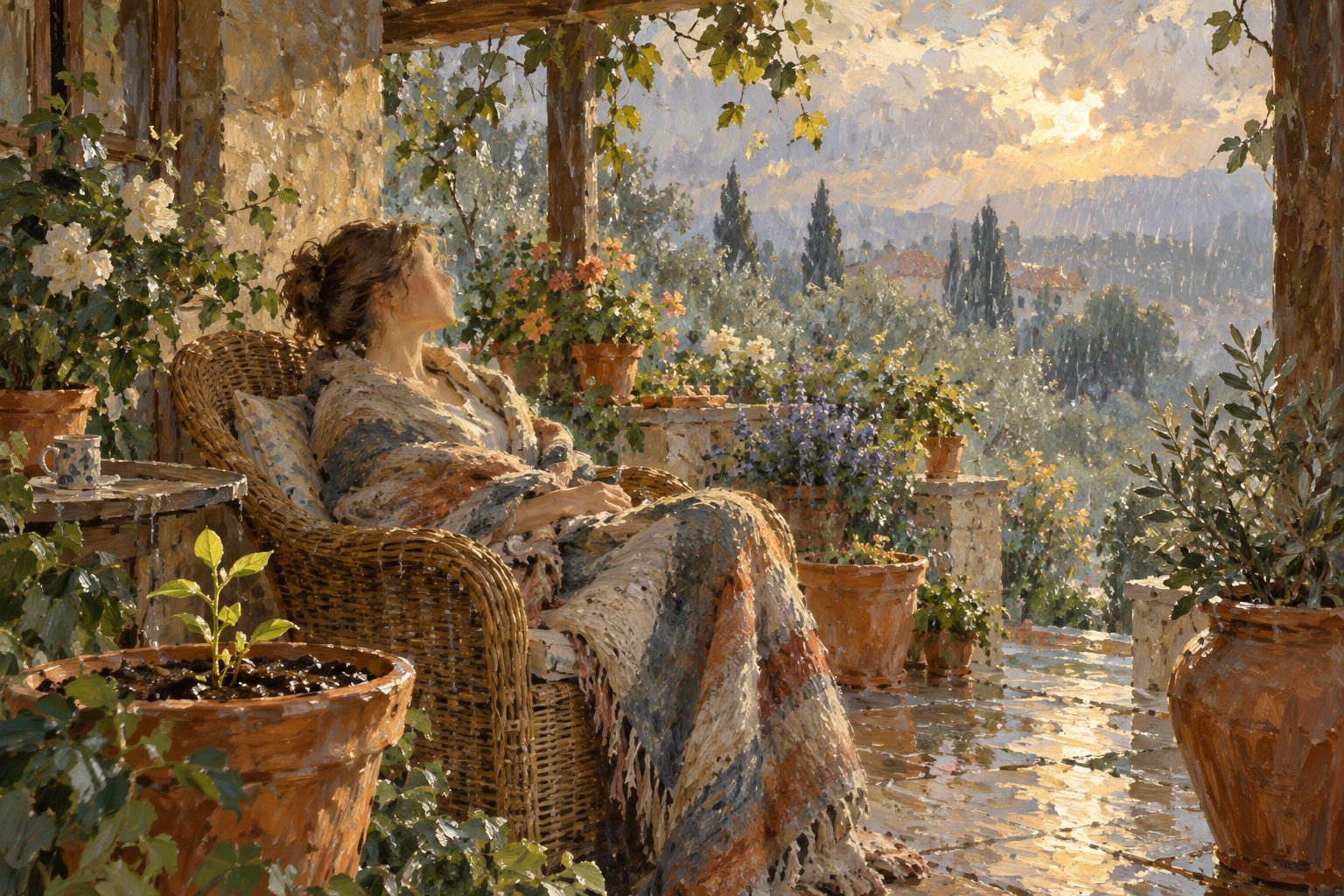 Pintura impresionista de una persona descansando en una terraza con plantas bajo la lluvia, ilustración sobre la falta de deseo sexual