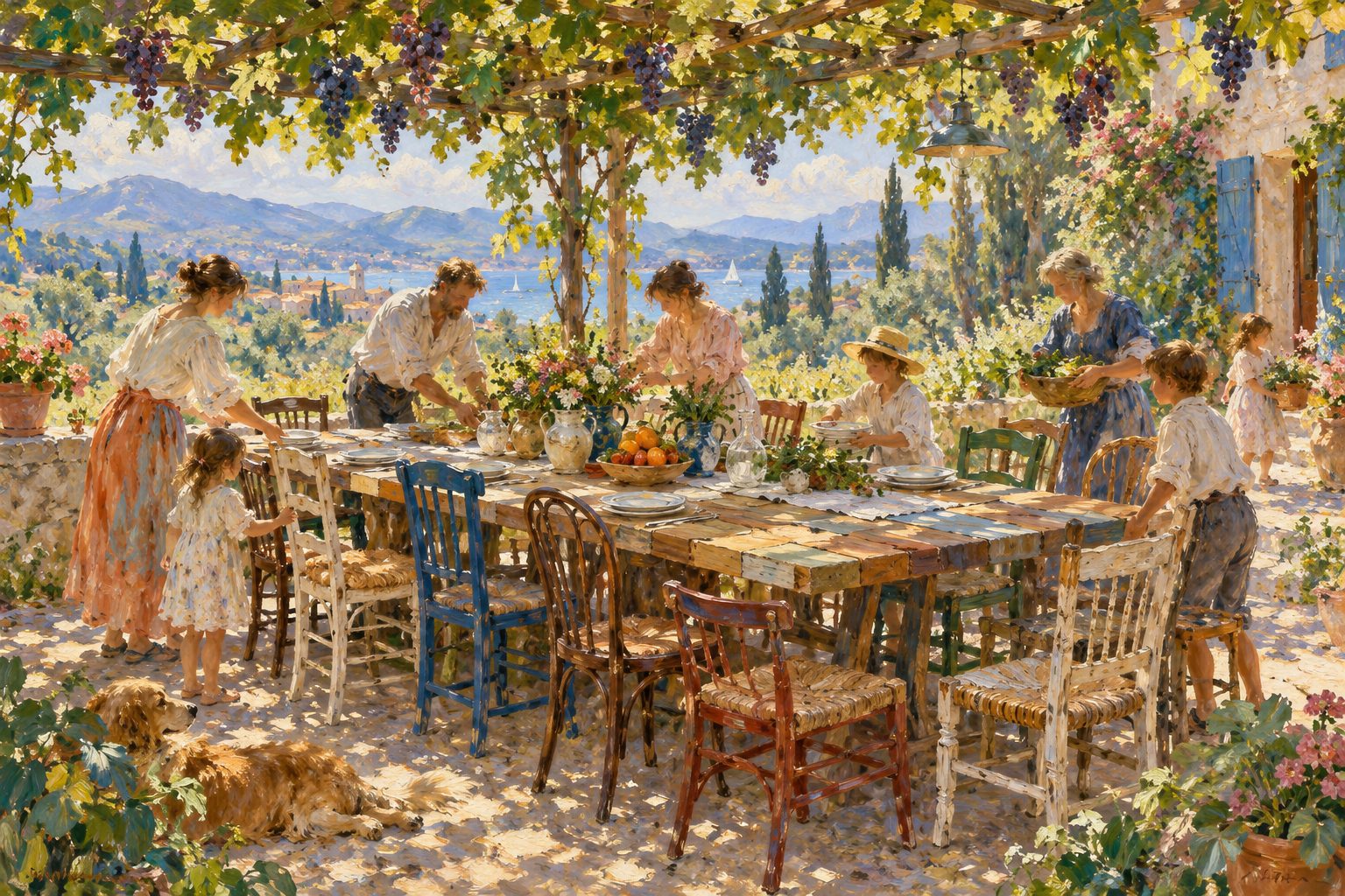 Pintura impresionista de una familia poniendo una mesa larga bajo un parron, ilustracion de la familia ensamblada