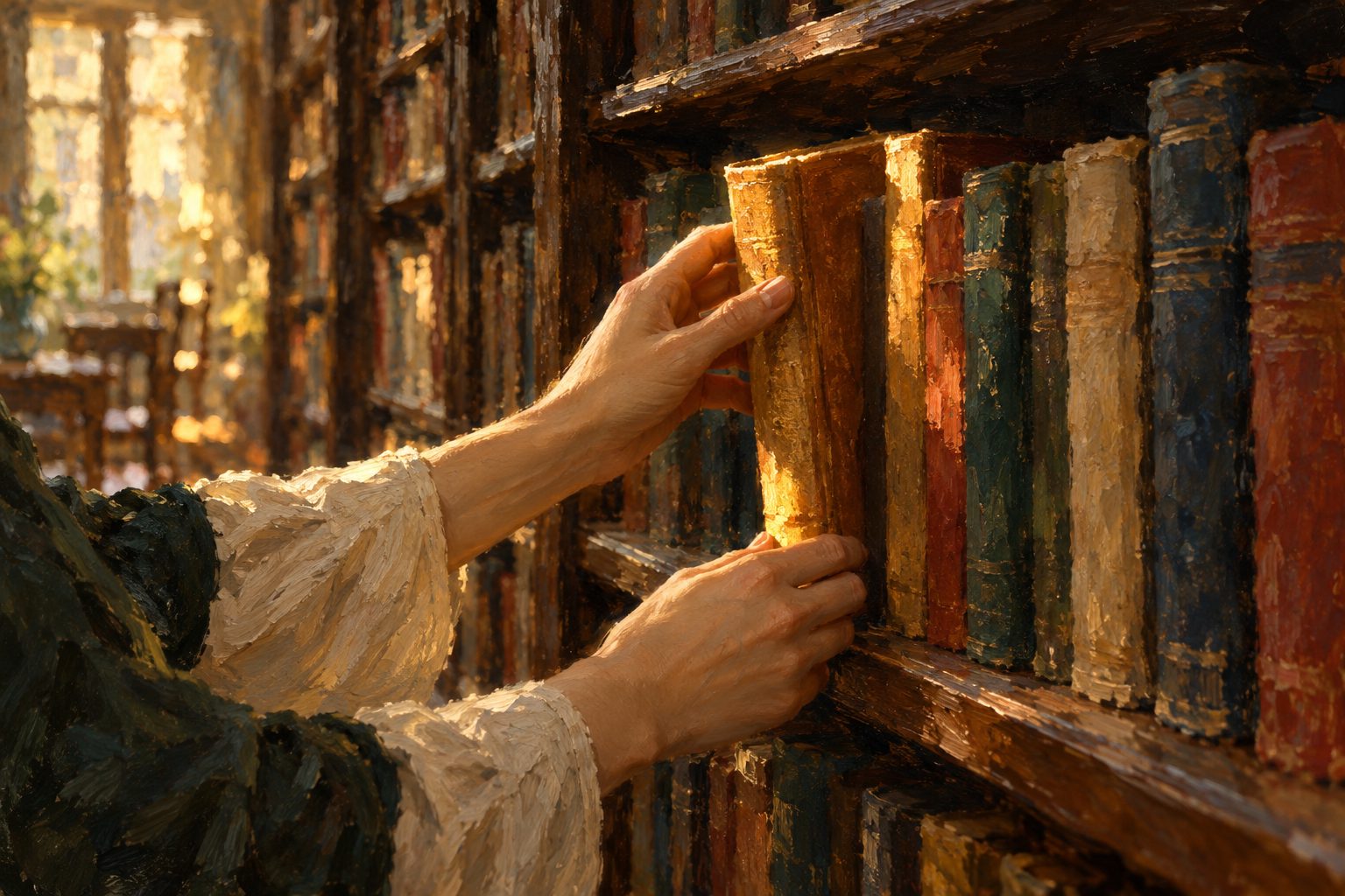 Pintura impresionista de manos eligiendo un libro en una biblioteca, ilustración de la fatiga por decisiones