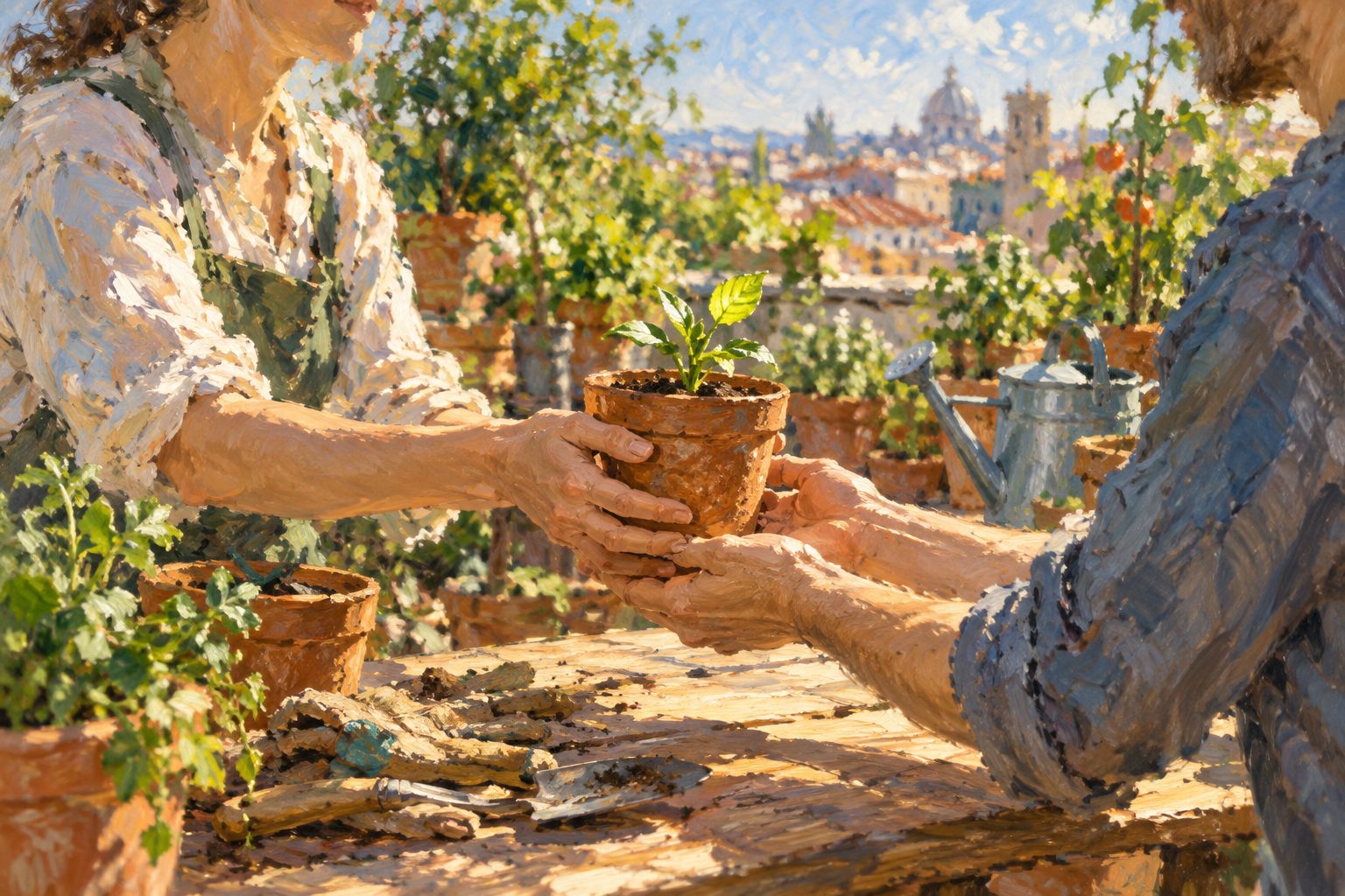 Pintura impresionista de una mano que entrega un almácigo a otra en un huerto urbano, ilustración de feedback laboral: cómo darlo y recibirlo