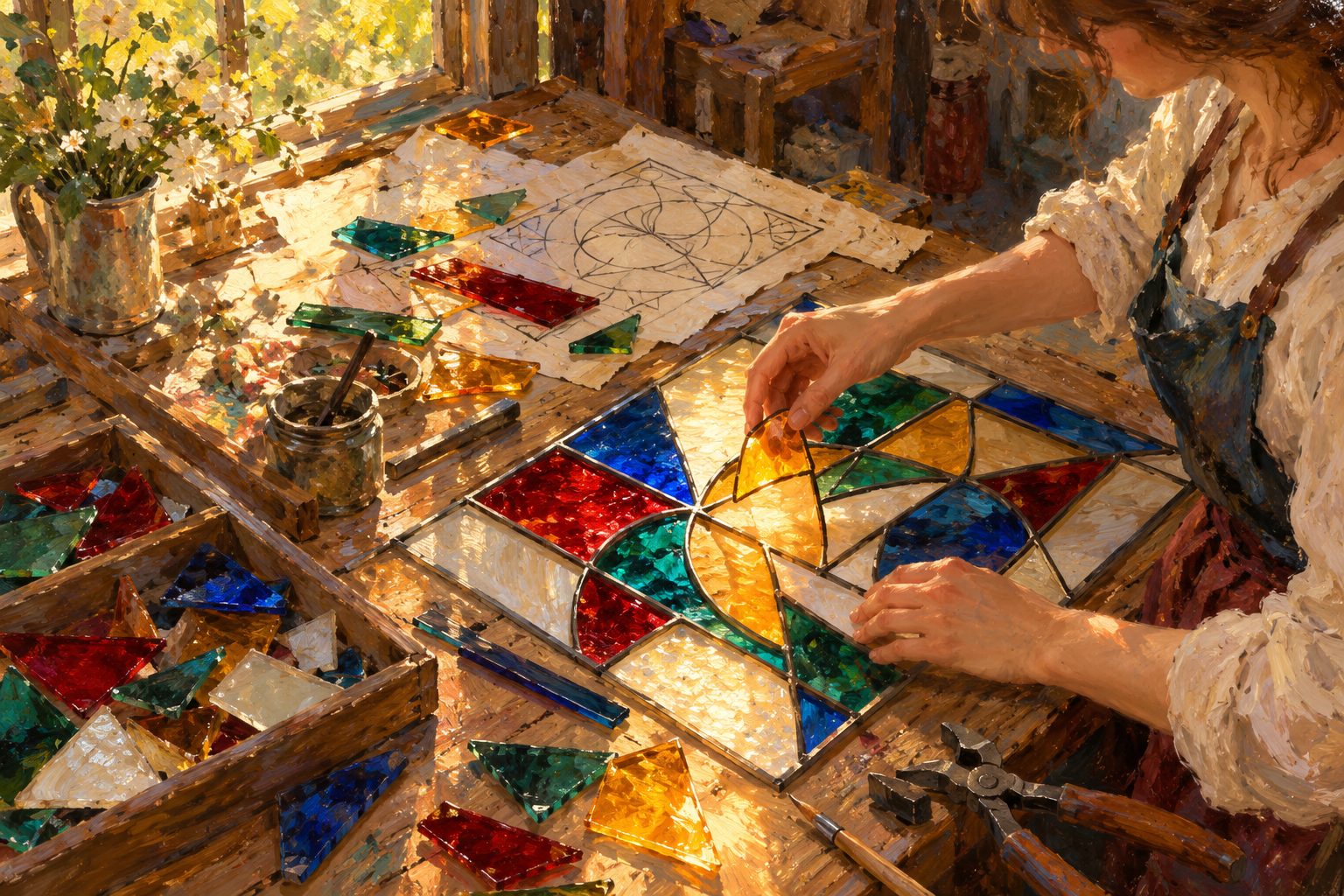 Pintura impresionista de una artesana armando un vitral geométrico, ilustración del test de la figura compleja de Rey