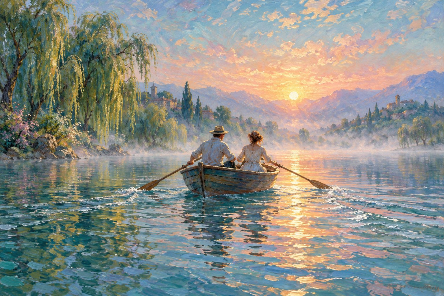 Pintura impresionista de dos personas remando juntas en un lago calmo al amanecer, ilustración de la frecuencia sexual normal en pareja