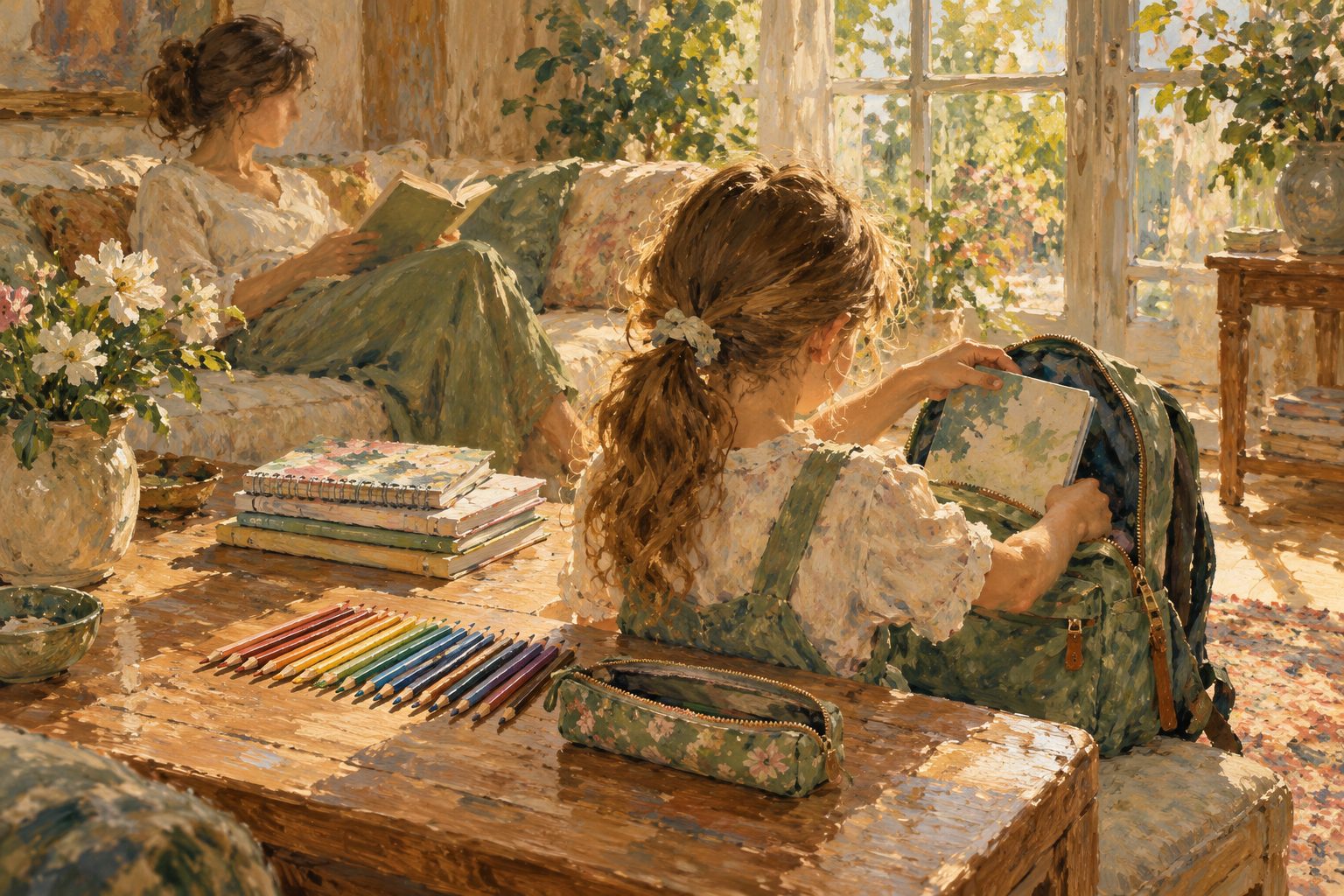 Niño ordenando sus cuadernos y lápices, pintura impresionista sobre funciones ejecutivas y rendimiento escolar