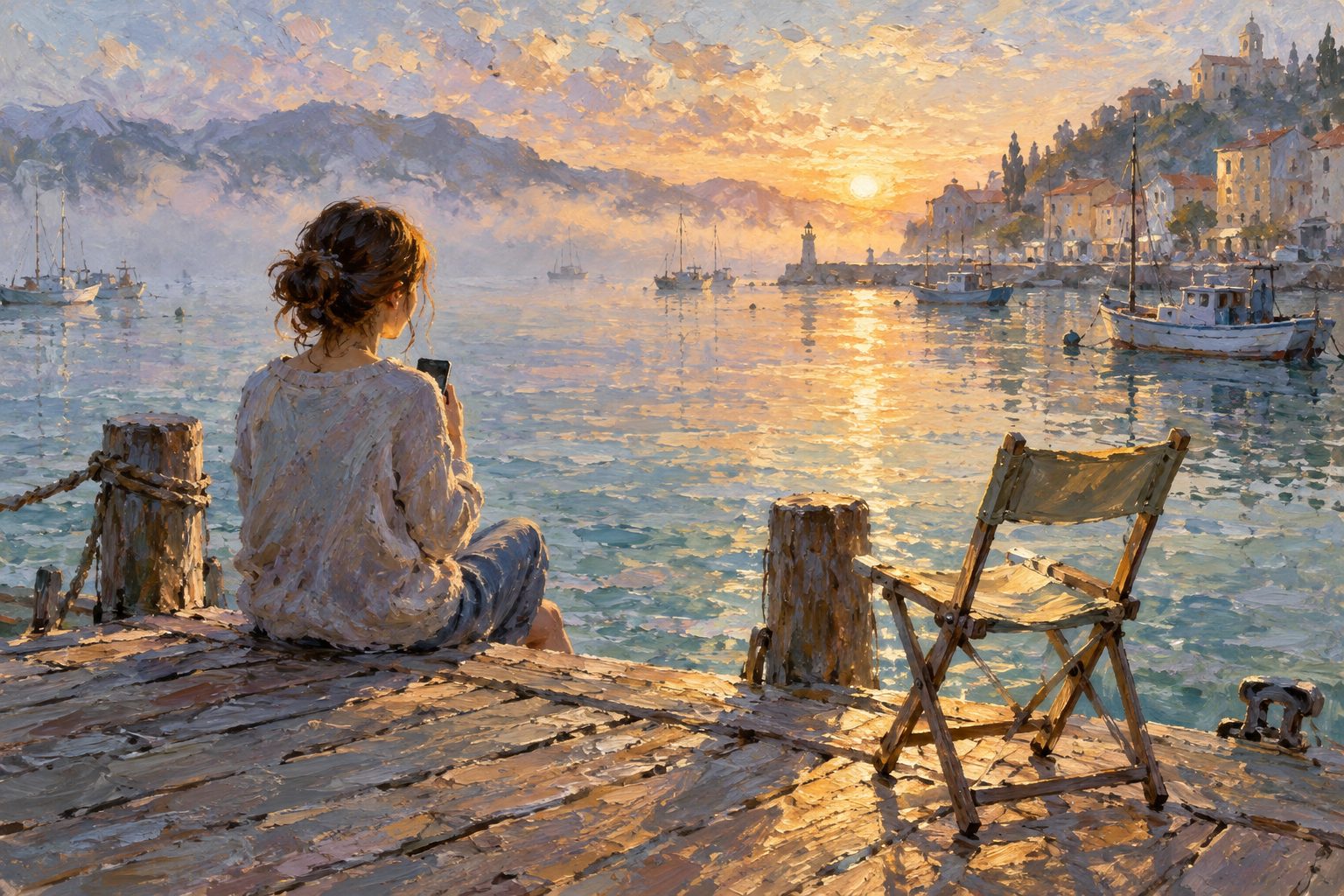Pintura impresionista de una persona sentada en un muelle al amanecer, ilustración sobre el ghosting en las relaciones