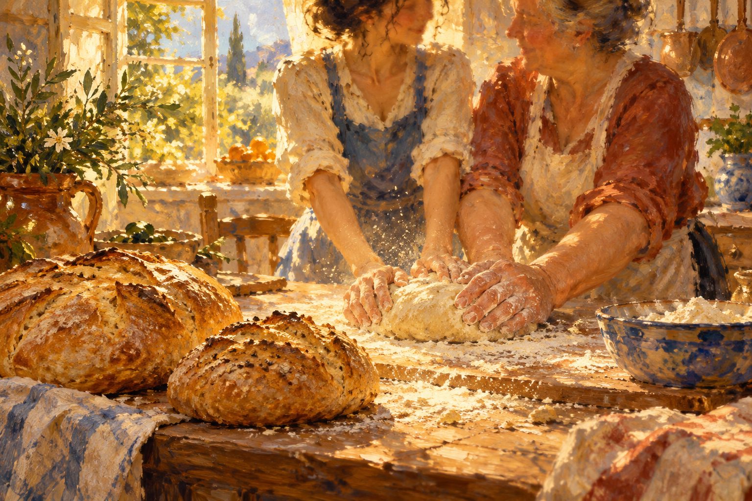 Pintura impresionista de dos mujeres amasando pan juntas, sobre la gordofobia internalizada