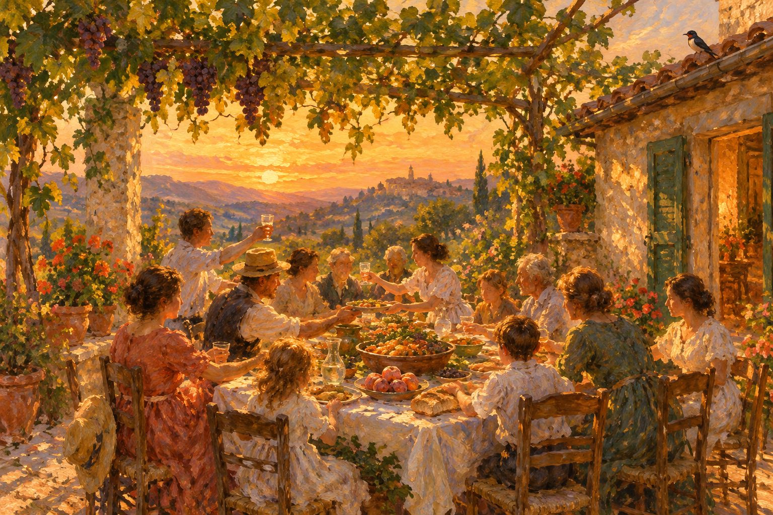 Pintura impresionista de una mesa compartida bajo una parra, gratitud y bienestar psicológico