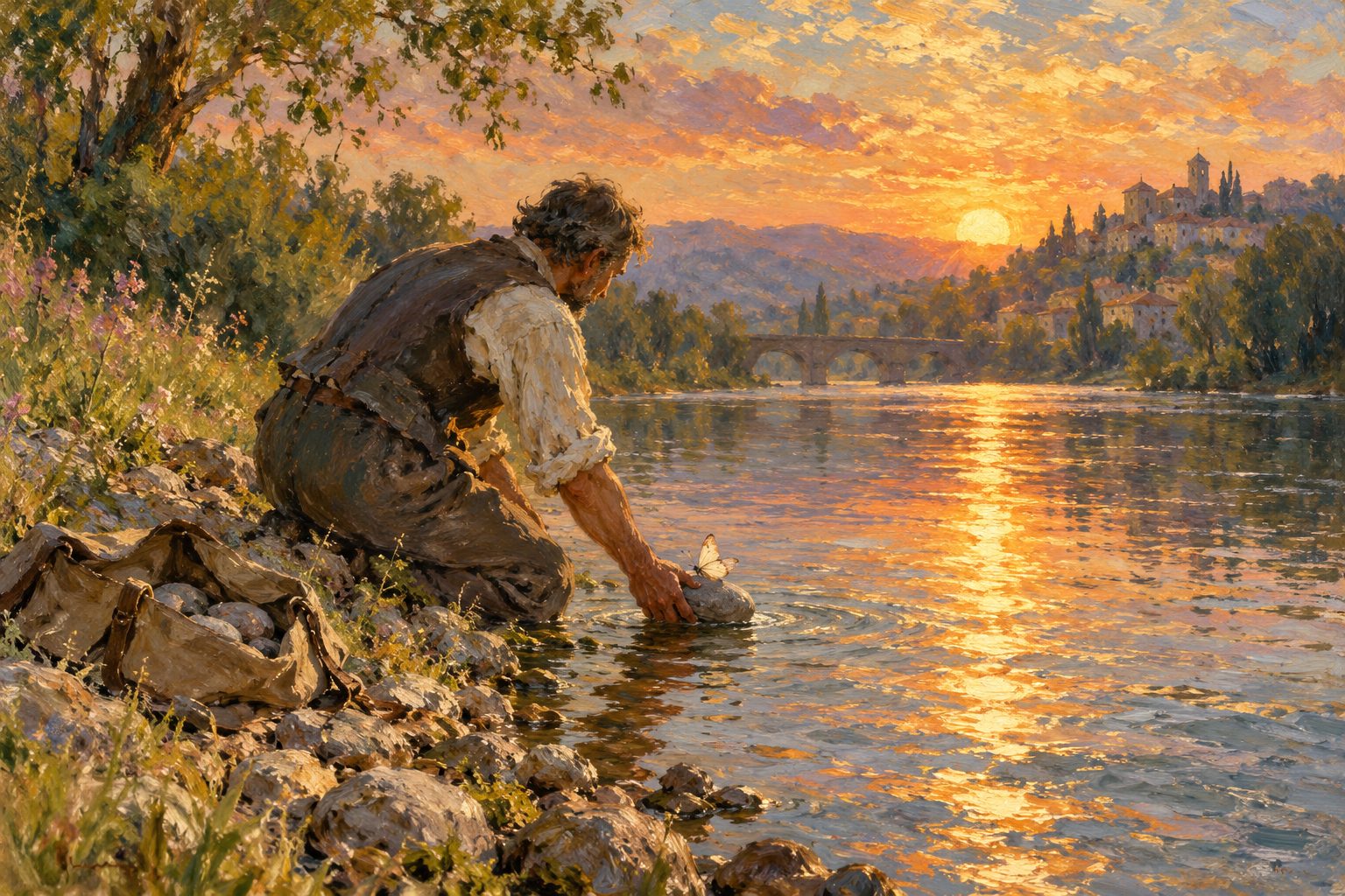 Pintura impresionista de un hombre soltando una piedra en un río, ilustración de guardar rencor