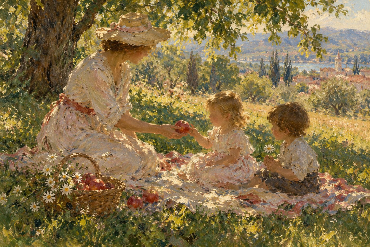 Pintura impresionista de una madre y dos hermanos sobre el césped, ilustración sobre el hijo favorito y el favoritismo