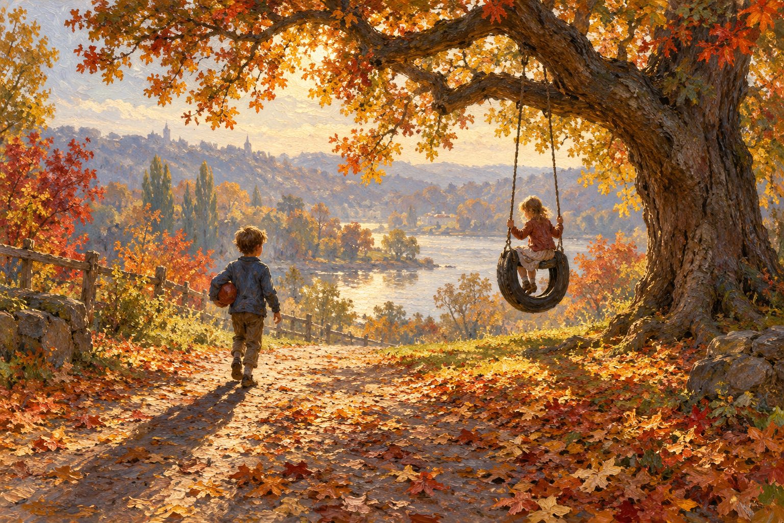 Pintura impresionista de un nino en un columpio de neumatico esperando a otro con una pelota, sobre ser hijo unico
