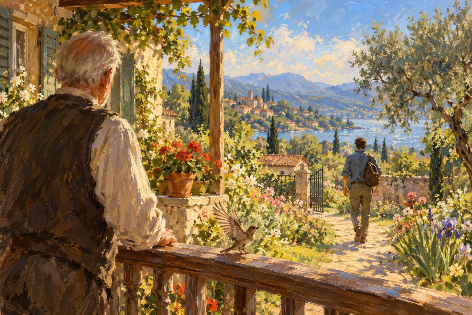 Pintura impresionista de un padre viendo a su hijo adulto caminar por el sendero, hijos adultos que no se van de casa