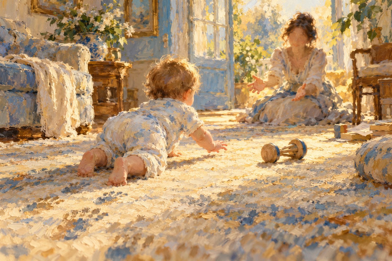 Pintura impresionista de un bebe gateando hacia un sonajero, sobre los hitos motores del primer ano