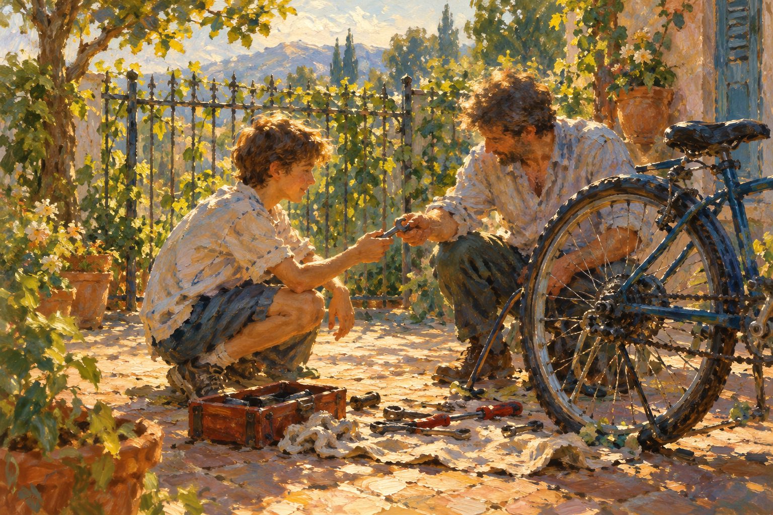 Pintura impresionista de un padre y su hijo adolescente arreglando una bicicleta, guía para padres sobre imagen corporal en adolescentes