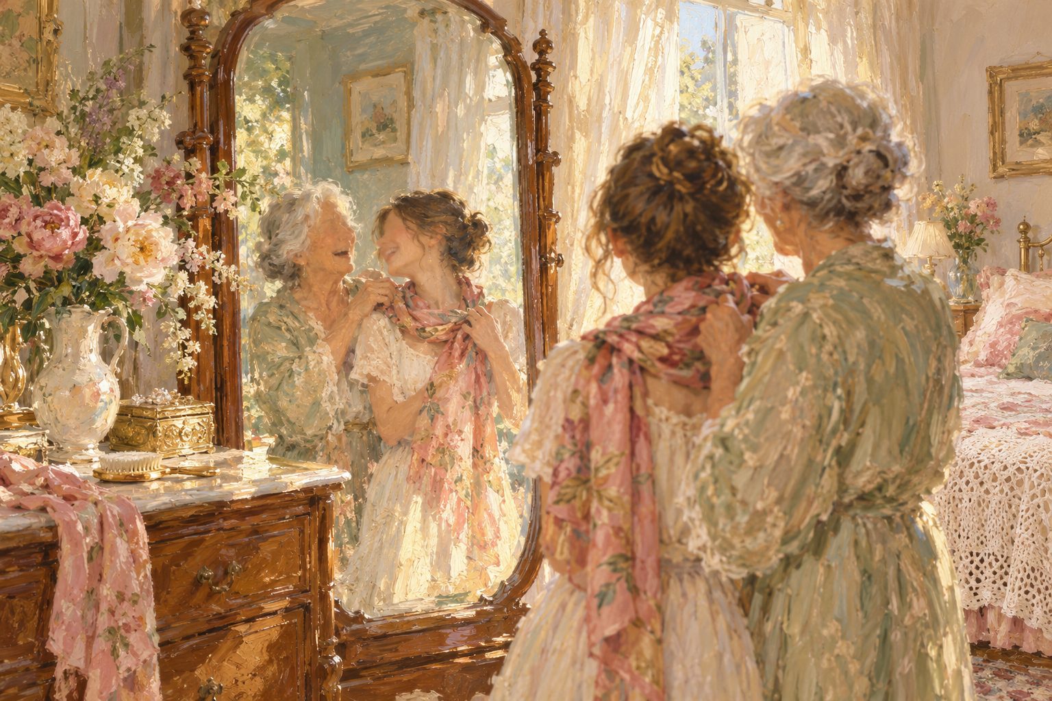 Pintura impresionista de una abuela y su nieta riendo ante un espejo, ilustración sobre la imagen corporal y la autoestima