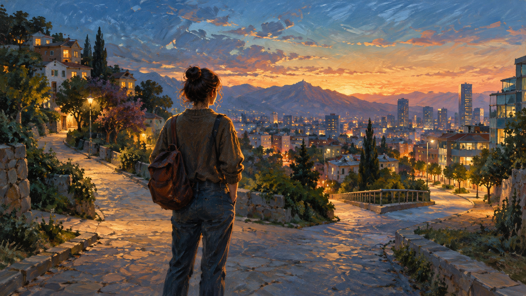 Persona adulta joven ante caminos distintos al atardecer, crisis de los 30