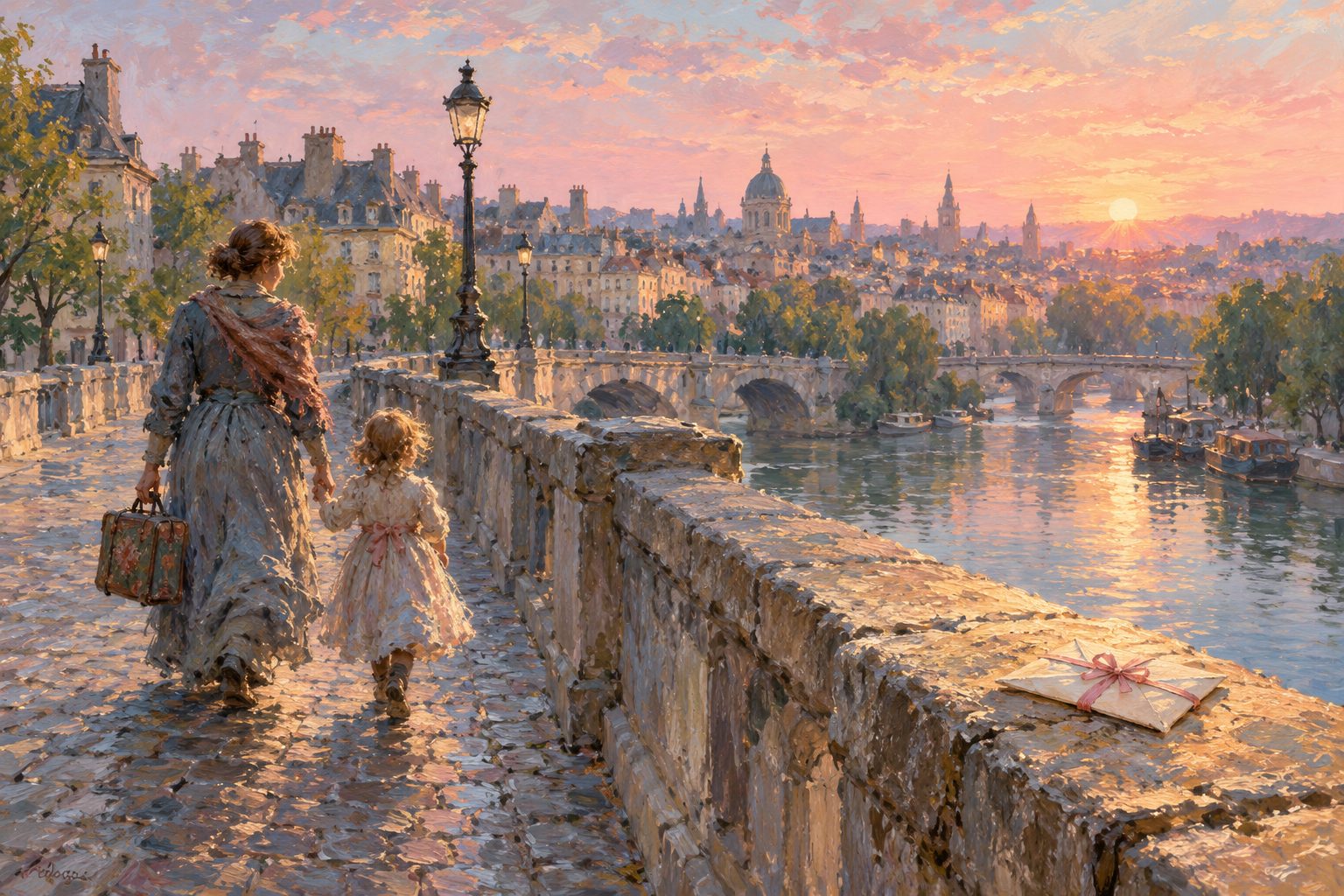 Pintura impresionista de una madre y su hijo cruzando un puente de piedra al amanecer, ilustración del informe psicológico para trámites migratorios