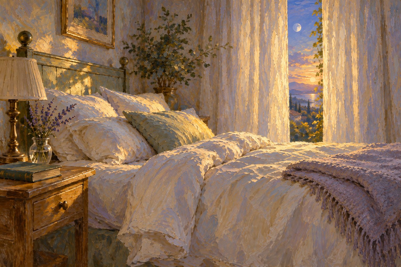 Pintura impresionista de una habitación al amanecer con lavanda, sobre insomnio de conciliación y de mantenimiento