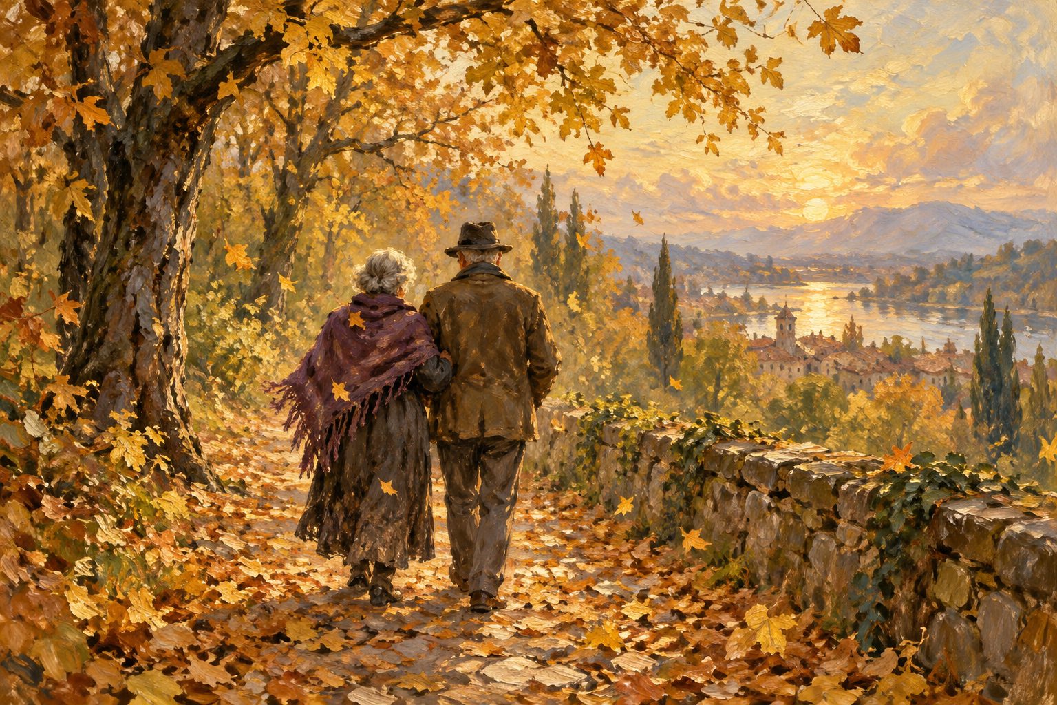 Pintura impresionista de una pareja mayor caminando del brazo por un sendero de otono, inteligencia emocional en la tercera edad