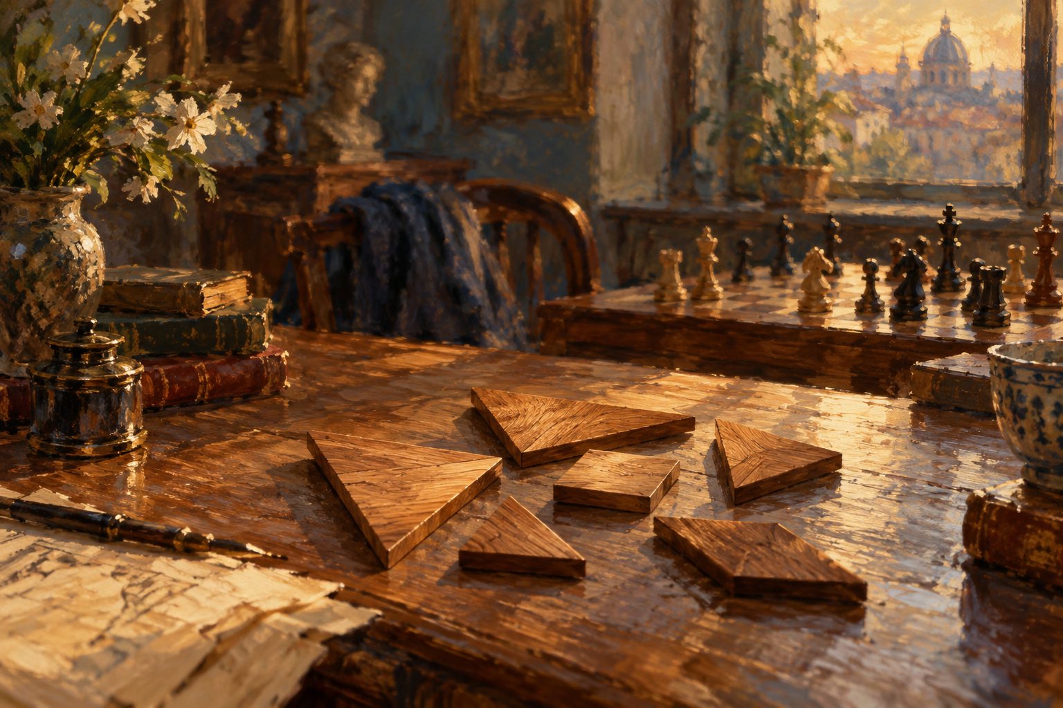 Pintura impresionista de un tangram desarmado, metáfora de las inteligencias múltiples de Gardner
