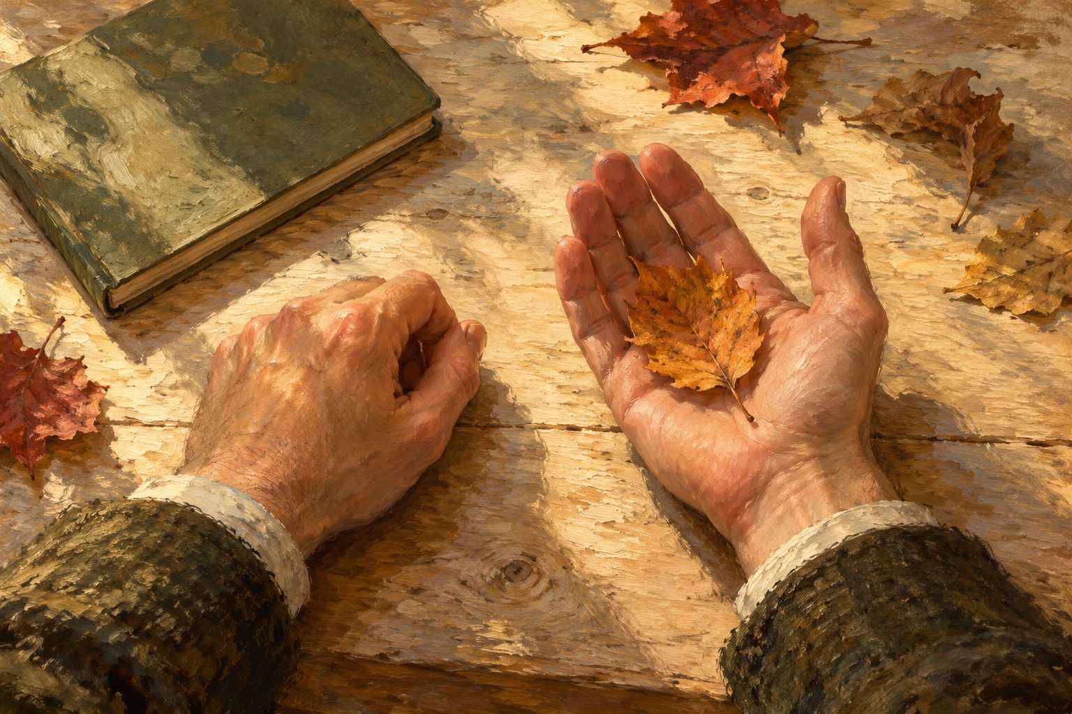Pintura impresionista de un puño que se abre con una hoja de otoño, ilustración de la ira contenida