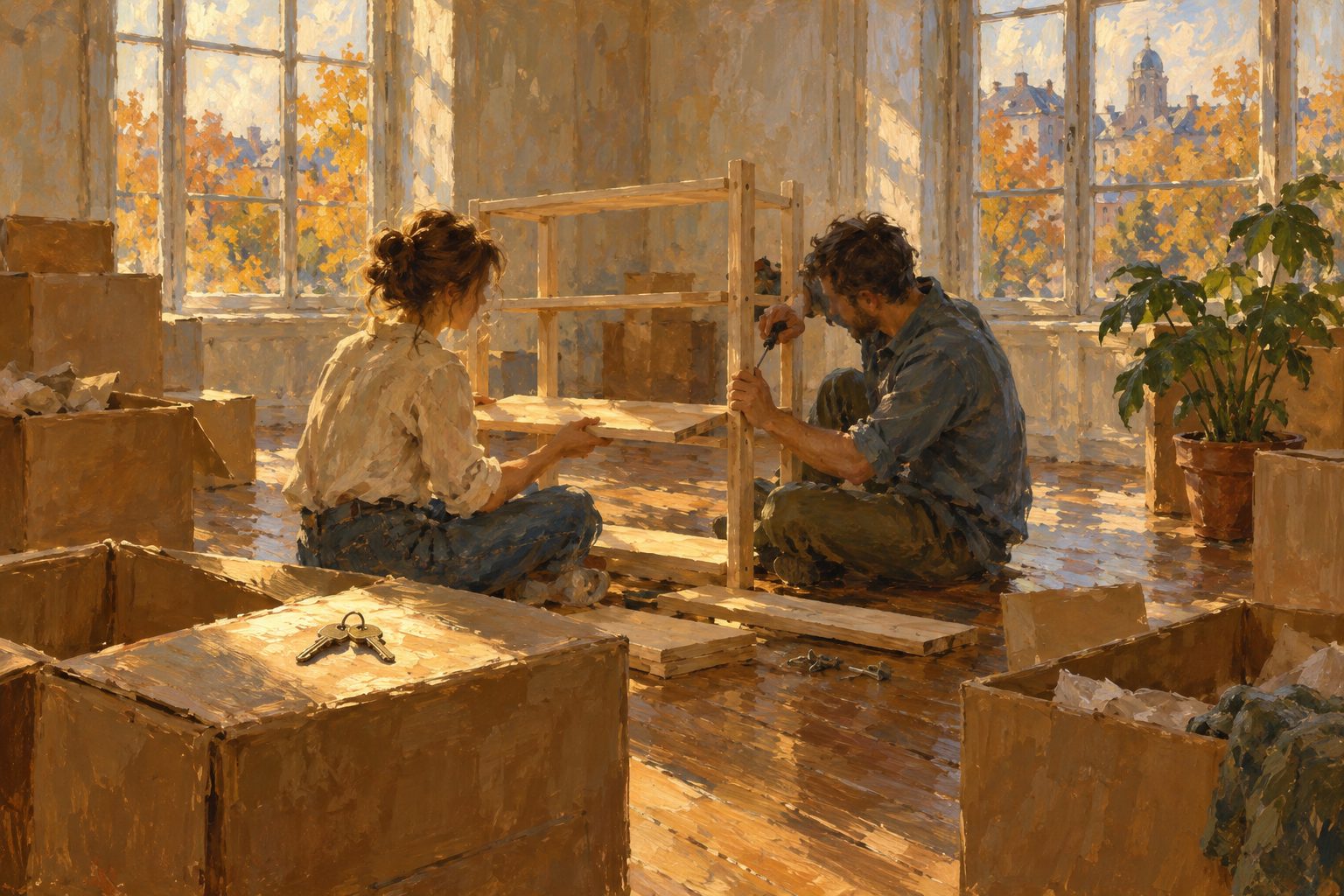 Pintura impresionista de una pareja armando una estantería en su nuevo hogar, ilustración de irse a vivir juntos