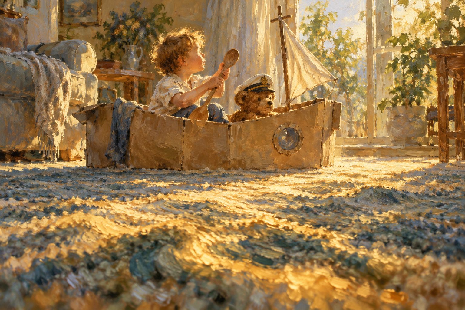 Pintura impresionista de un niño jugando a ser capitán en un barco de cartón, ilustración del juego simbólico infantil