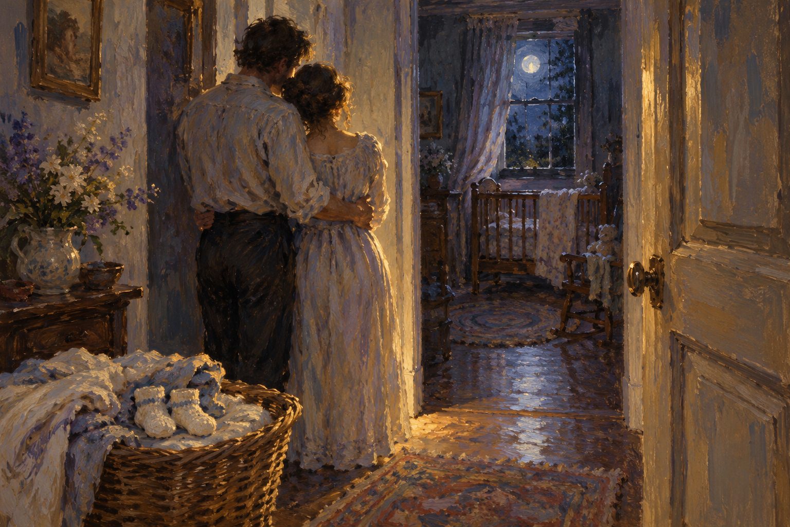Pintura impresionista de una pareja ante la habitación de su bebé, ilustración de la pareja después de tener un hijo