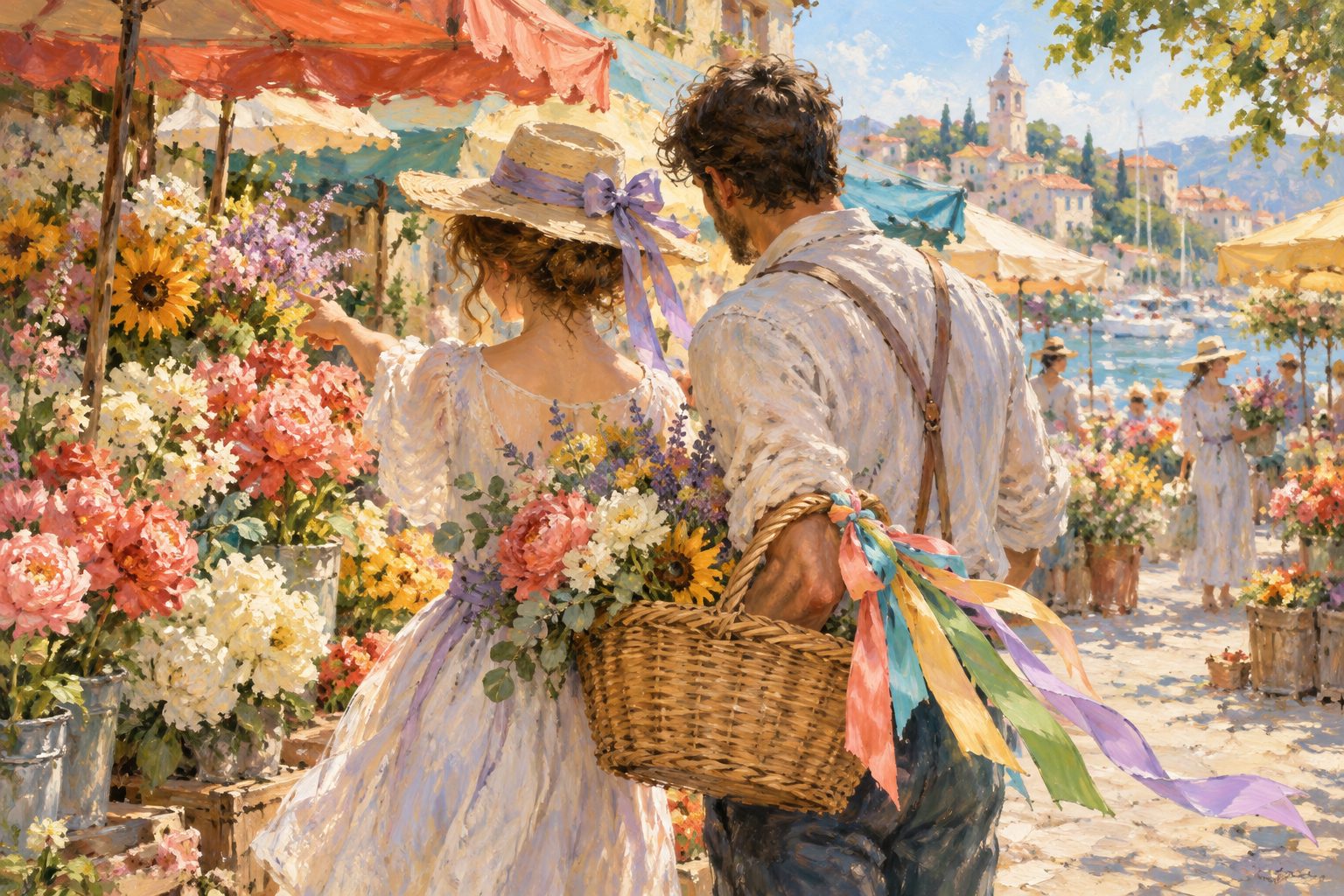 Pintura impresionista de una pareja en un mercado de flores con cinco listones trenzados, ilustración de los lenguajes del amor