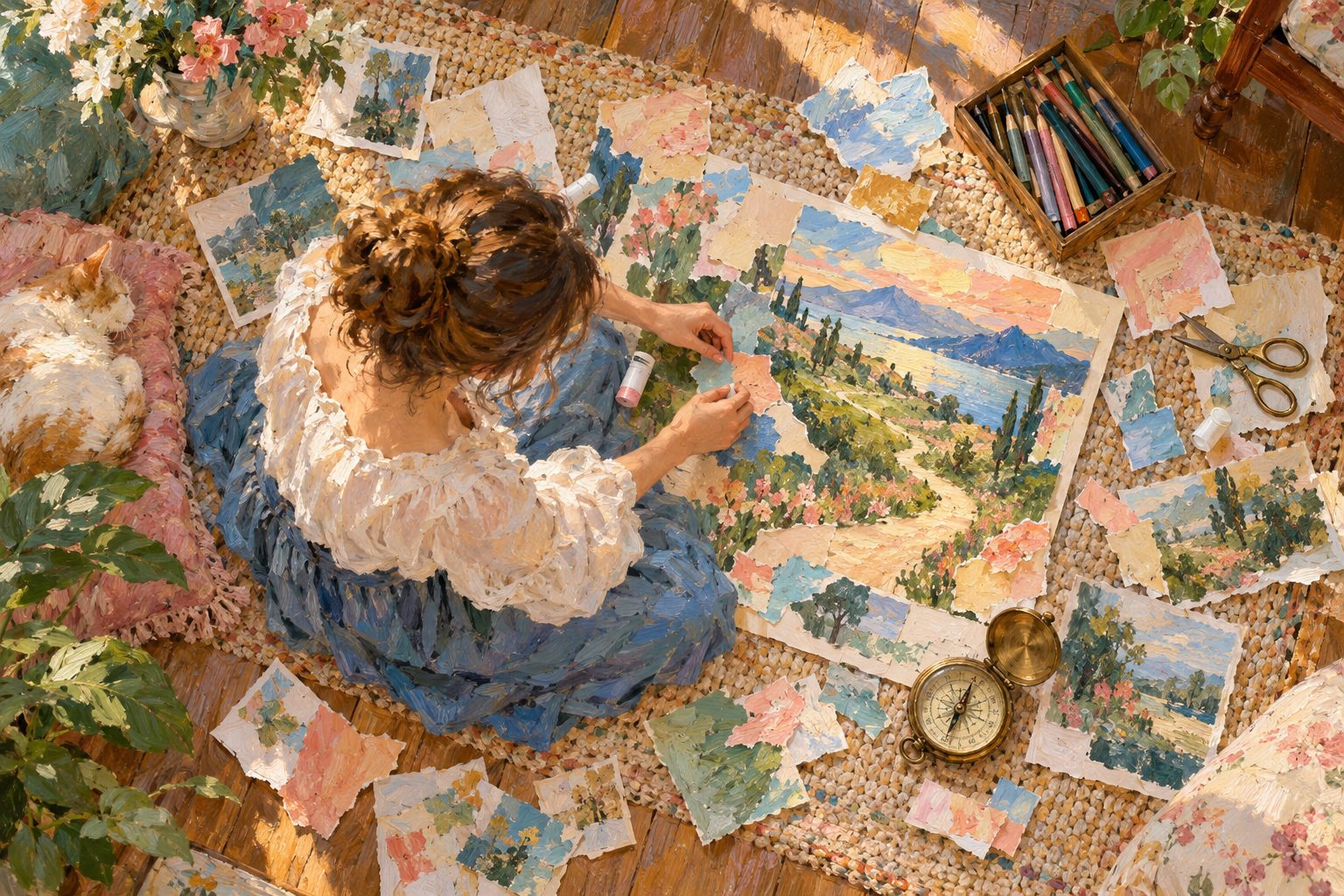 Pintura impresionista de una mujer armando un collage con una brújula, ilustración de la ley de la atracción y la ciencia