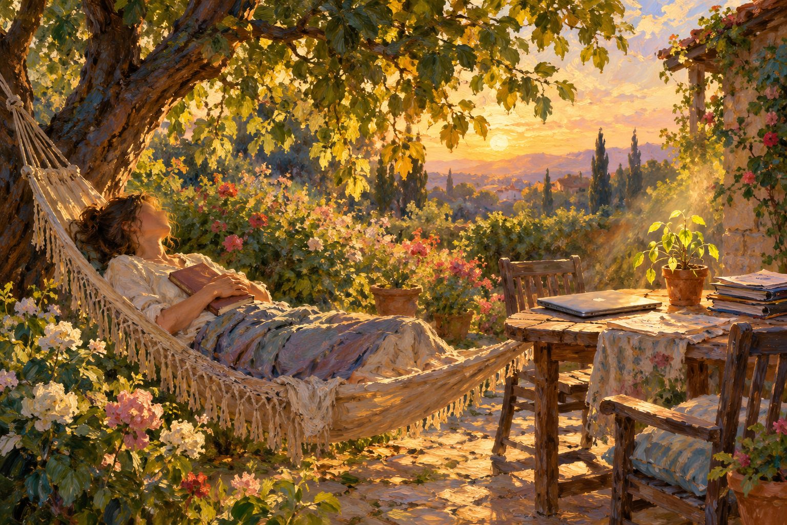 Pintura impresionista de una persona descansando en una hamaca en el jardín, ilustración de la licencia médica por burnout siendo independiente