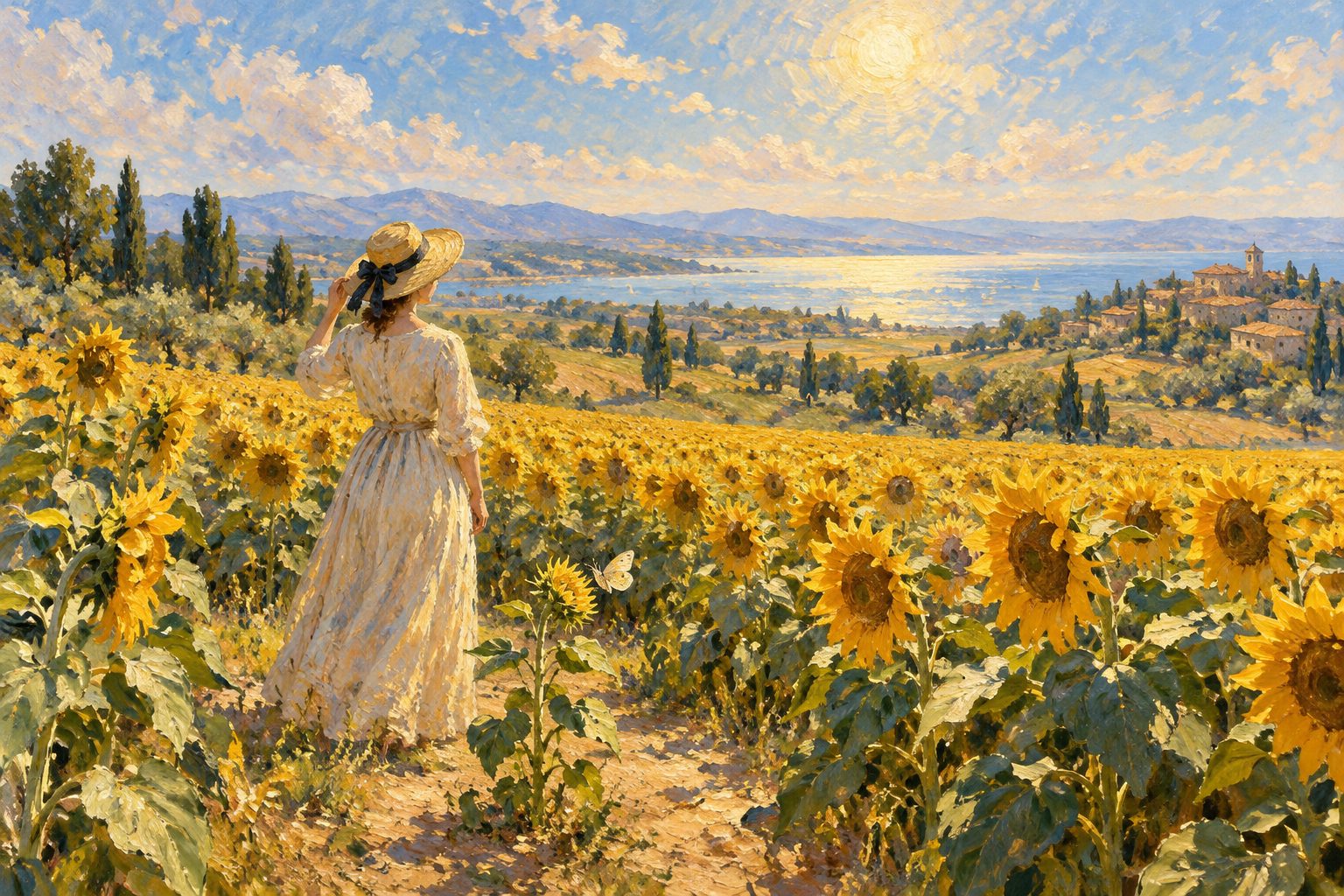Pintura impresionista de un campo de girasoles con una persona de espaldas, ilustración sobre la limerencia