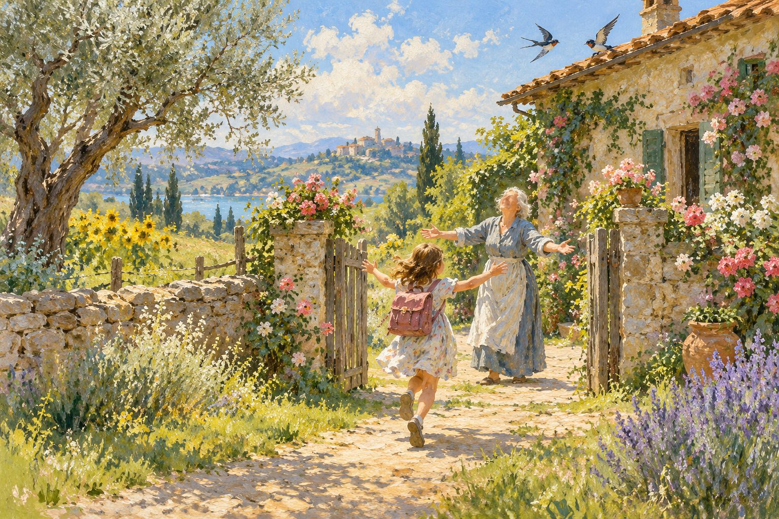 Pintura impresionista de una abuela abrazando a su nieta en un reencuentro, ilustración de llorar de felicidad